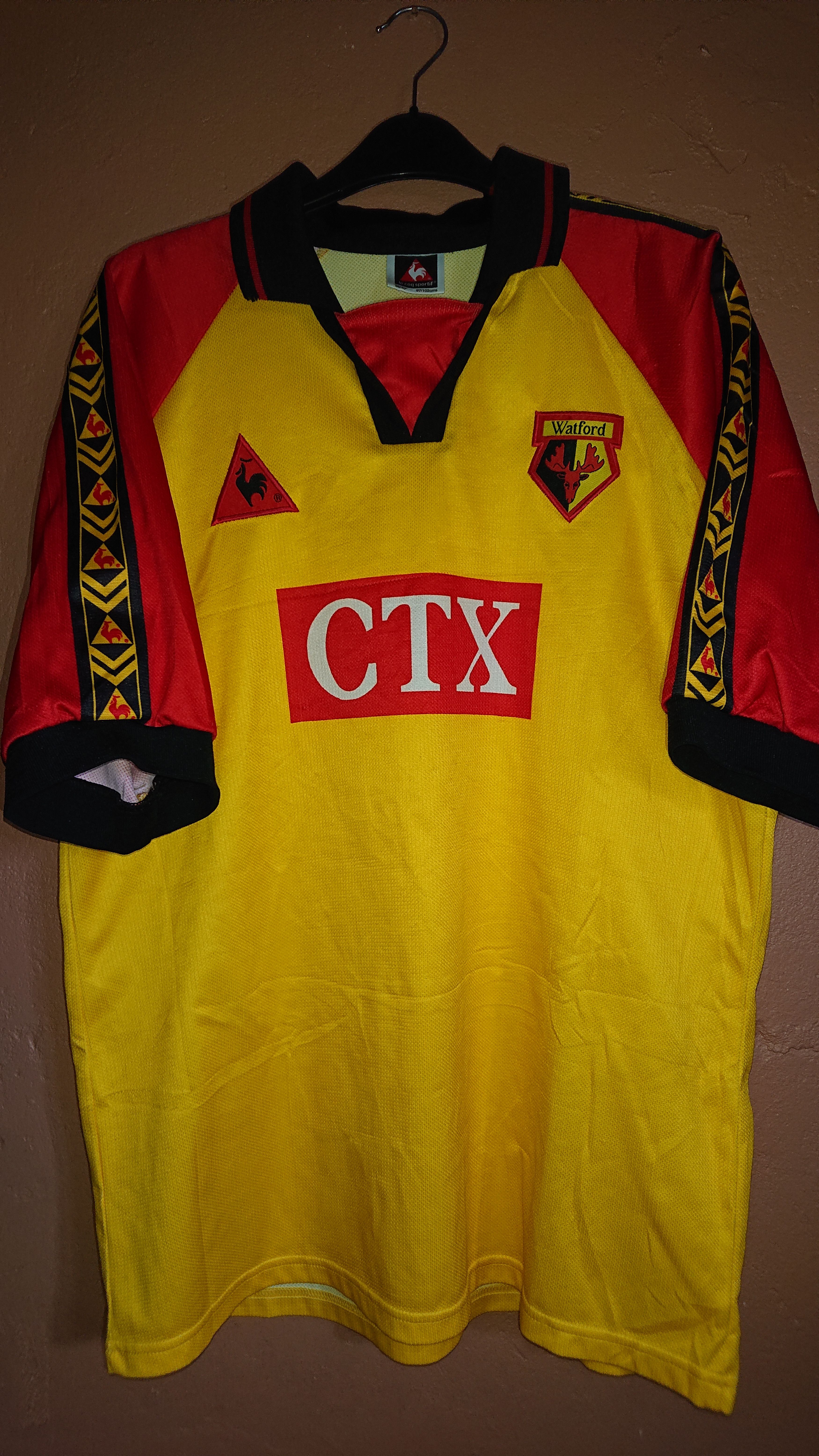 image of Jersey x Le Coq Sportif Watford 1998 Coq Sportif Home Shirt Meduim in Black Yellow (Size Medium)