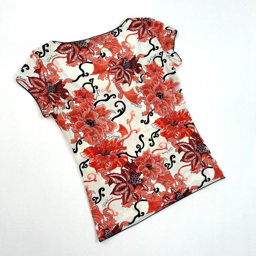 Just Cavalli y2k Cavalli white short sleeve top, red black floral print Size L / US 10 / IT 46 - 4 Thumbnail