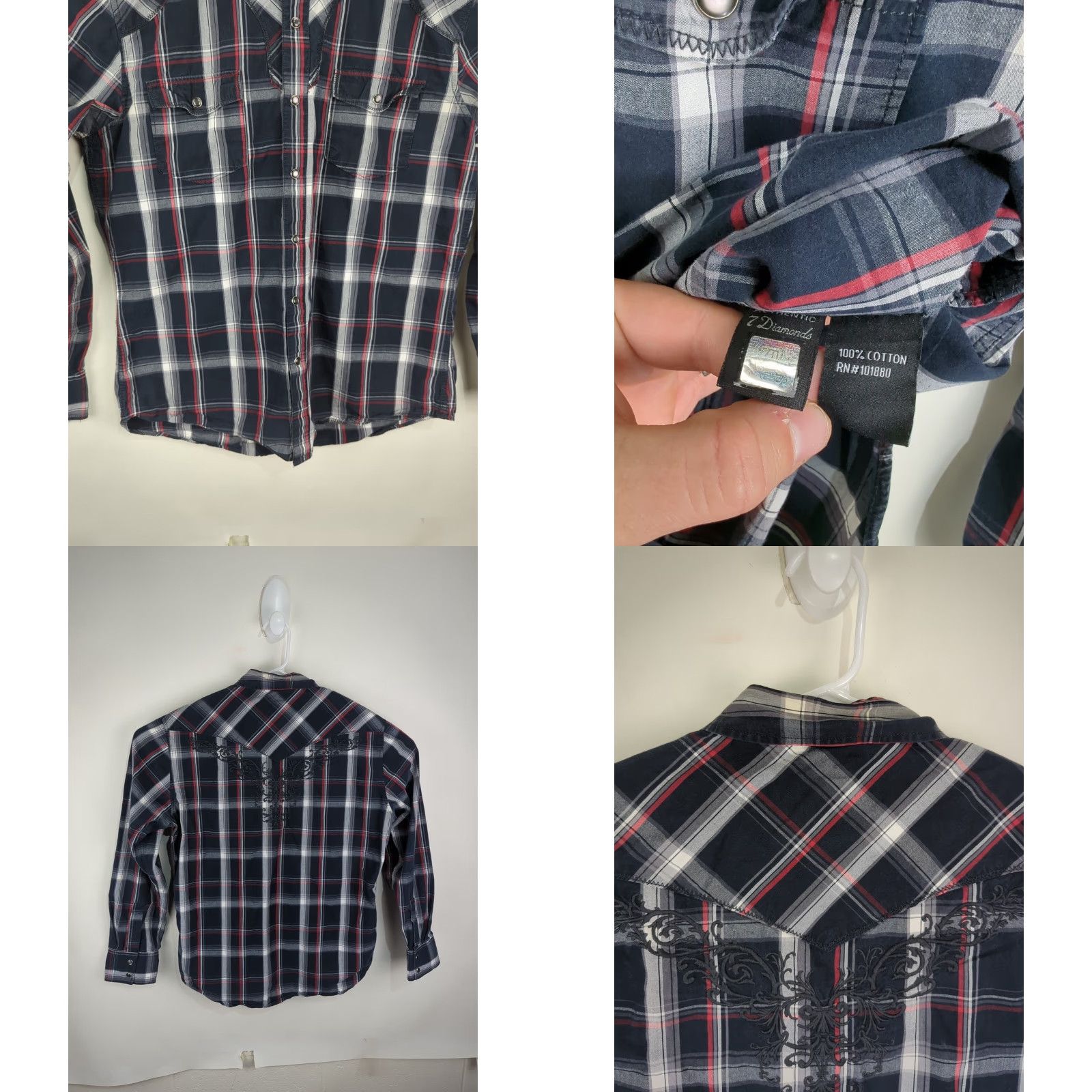 Vintage 7 Diamonds Mens XL Pearl Snap Western Shirt Long Sleeve Black Plaid Embroidered Size US XL / EU 56 / 4 - 9 Thumbnail