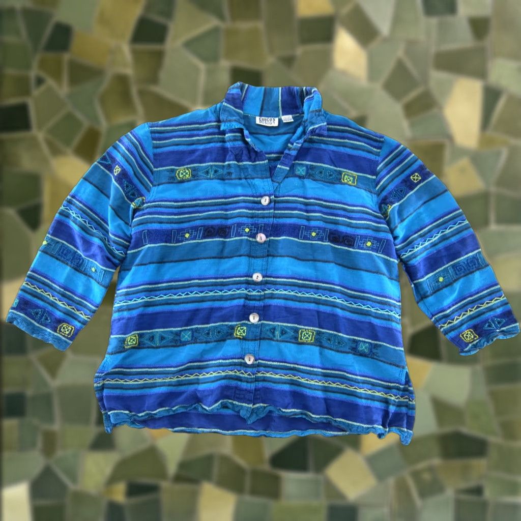 Vintage Chico's Design Blouse 3/4 Sleeve Button Down Silk Blue Stripe Shirt Womens L (2/L) Size L / US 10 / IT 46 - 1 Thumbnail