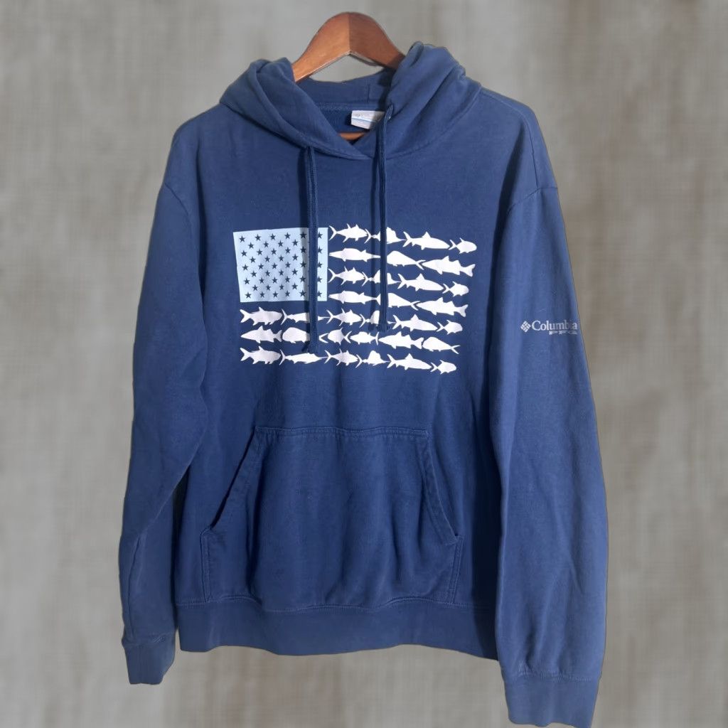 Vintage Columbia Hoodie Men Large Blue PFG Fish American Flag Logo Hooded Sweatshirt Pullover Size US L / EU 52-54 / 3 - 1 Thumbnail