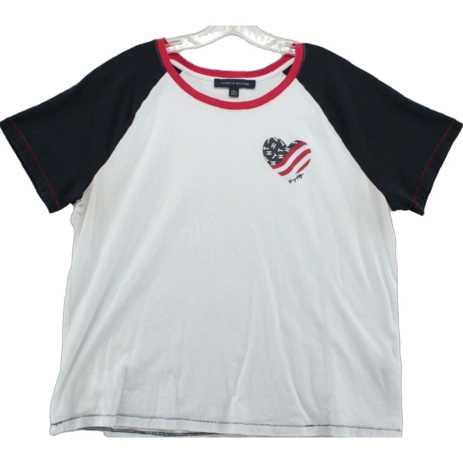 Tommy Hilfiger Tommy Hilfiger T Shirt Womens XL Red White Blue Pullover Heart Short Sleeve, White, Solid, Graphic Print, Classic, Preppy, Street Wear, 90s? Size XL / US 12-14 / IT 48-50 - 1 Thumbnail