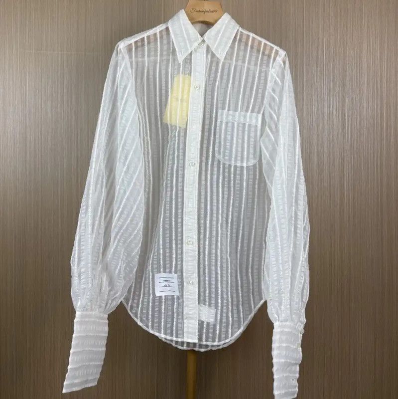 Thom Browne Thom Browne White Sheer Striped Blouse 0089 Size L / US 10 / IT 46 - 1 Thumbnail