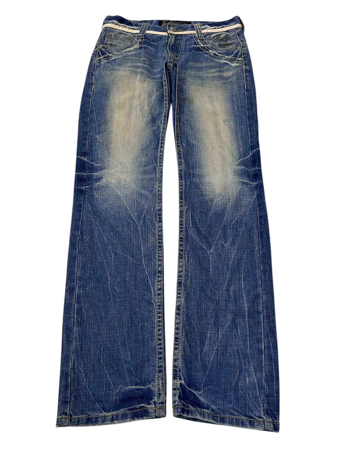 Japanese Brand × Vintage Flare Jeans Embroidered Skull Patch Distressed Denim Size US 32 / EU 48 - 2 Thumbnail