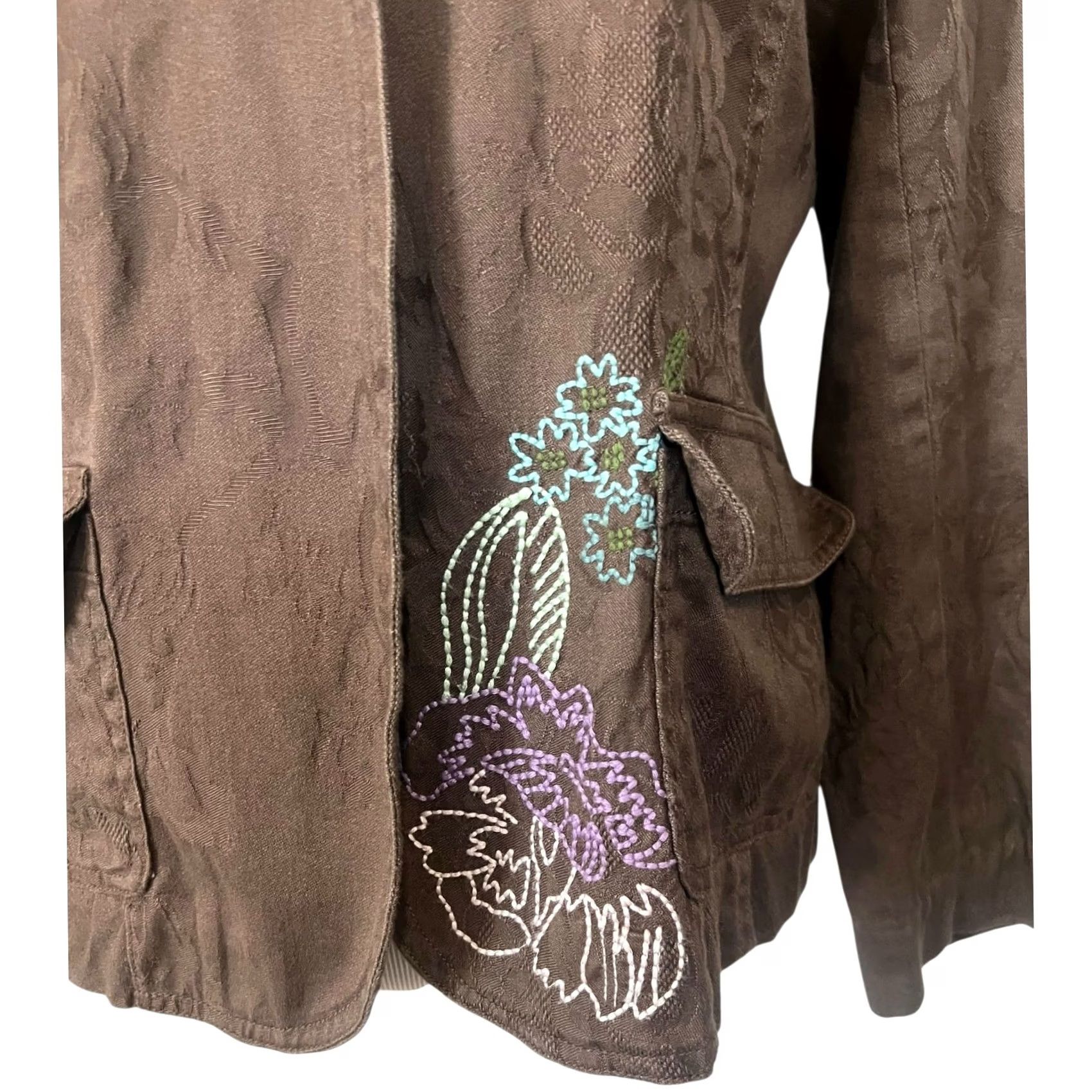 J. Jill J.Jill Blazer Brown Jacquard Embroidered Floral One-Button Cotton Size M Women's Jacket Size M / US 6-8 / IT 42-44 - 4 Thumbnail