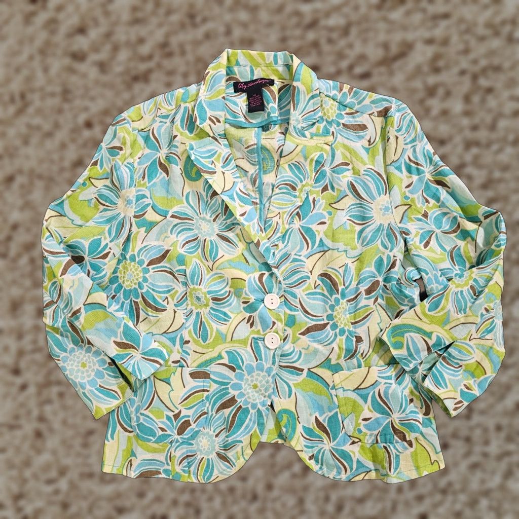 Vintage Lily Stanhope Jacket Womens 10 Green Linen Long Sleeve Floral Casual Blazer Size L / US 10 / IT 46 - 1 Thumbnail