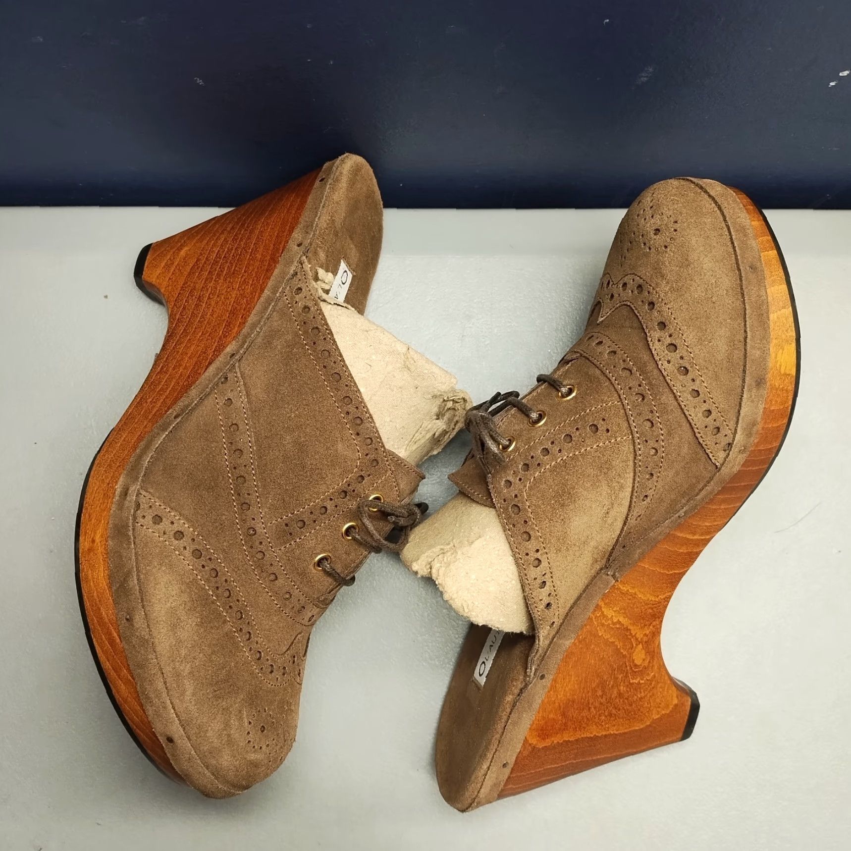 Vintage L'Autre Chose Oxford Wood Mules Womens Size 7 Brown Comfort Wedge Heel Lace Up Shoes Size US 7 / IT 37 - 2 Thumbnail