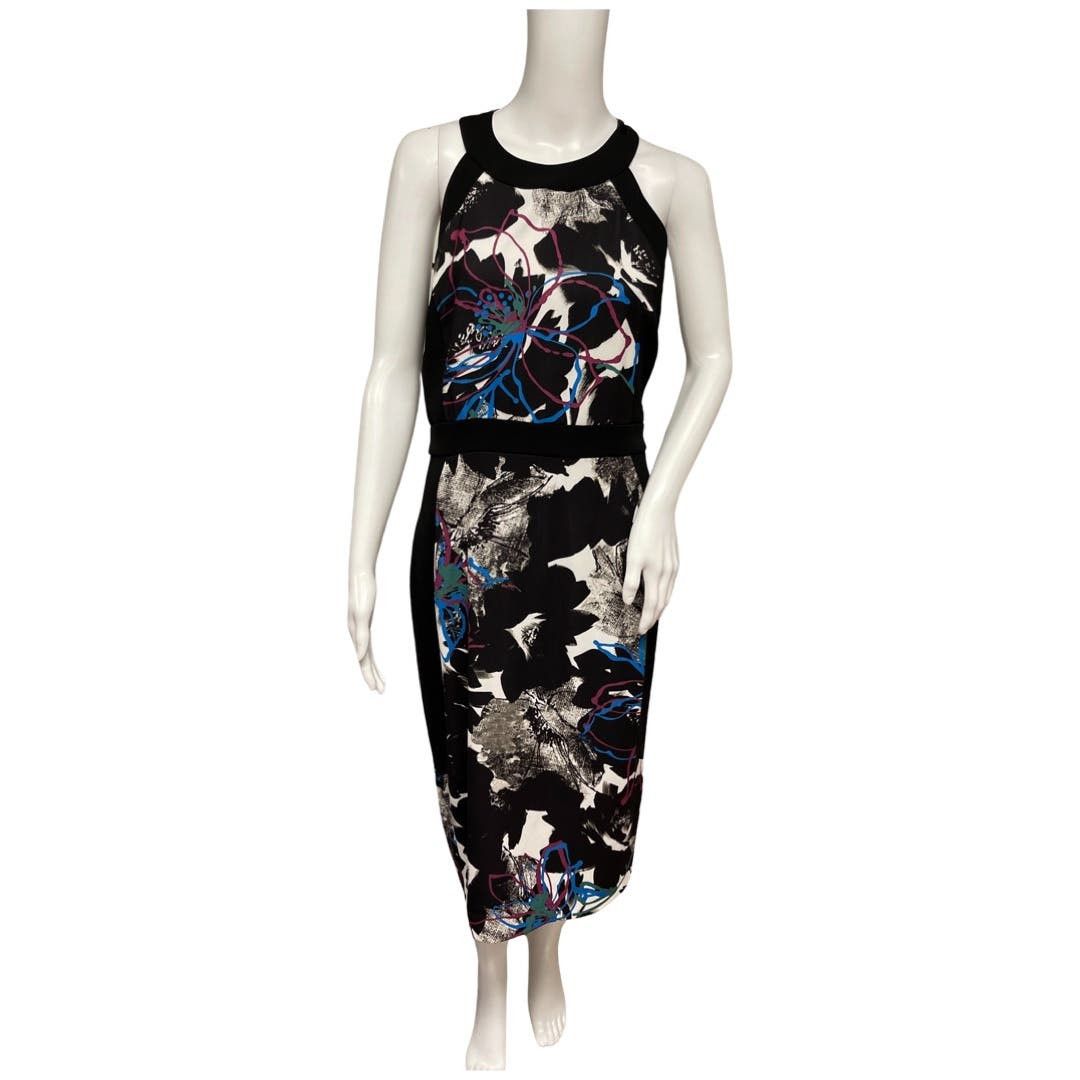 image of Badgley Mischka Womens Size 10 Abstract Floral Midi Dress in Black