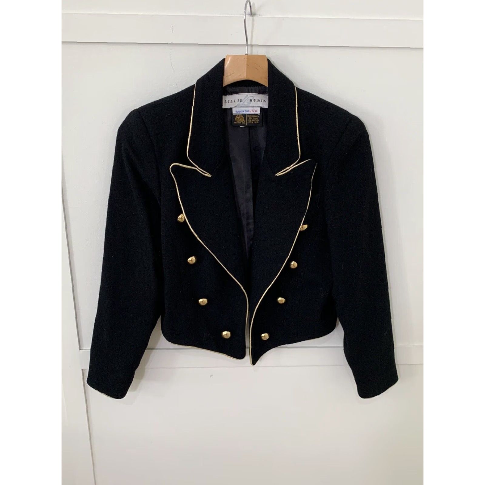 Vintage Vintage Lillie Rubin Crepe 100% Wool Jacket Pant Suit Sz 8 Gold Trim Buttons EUC Size 30" / US 8 / IT 44 - 2 Thumbnail