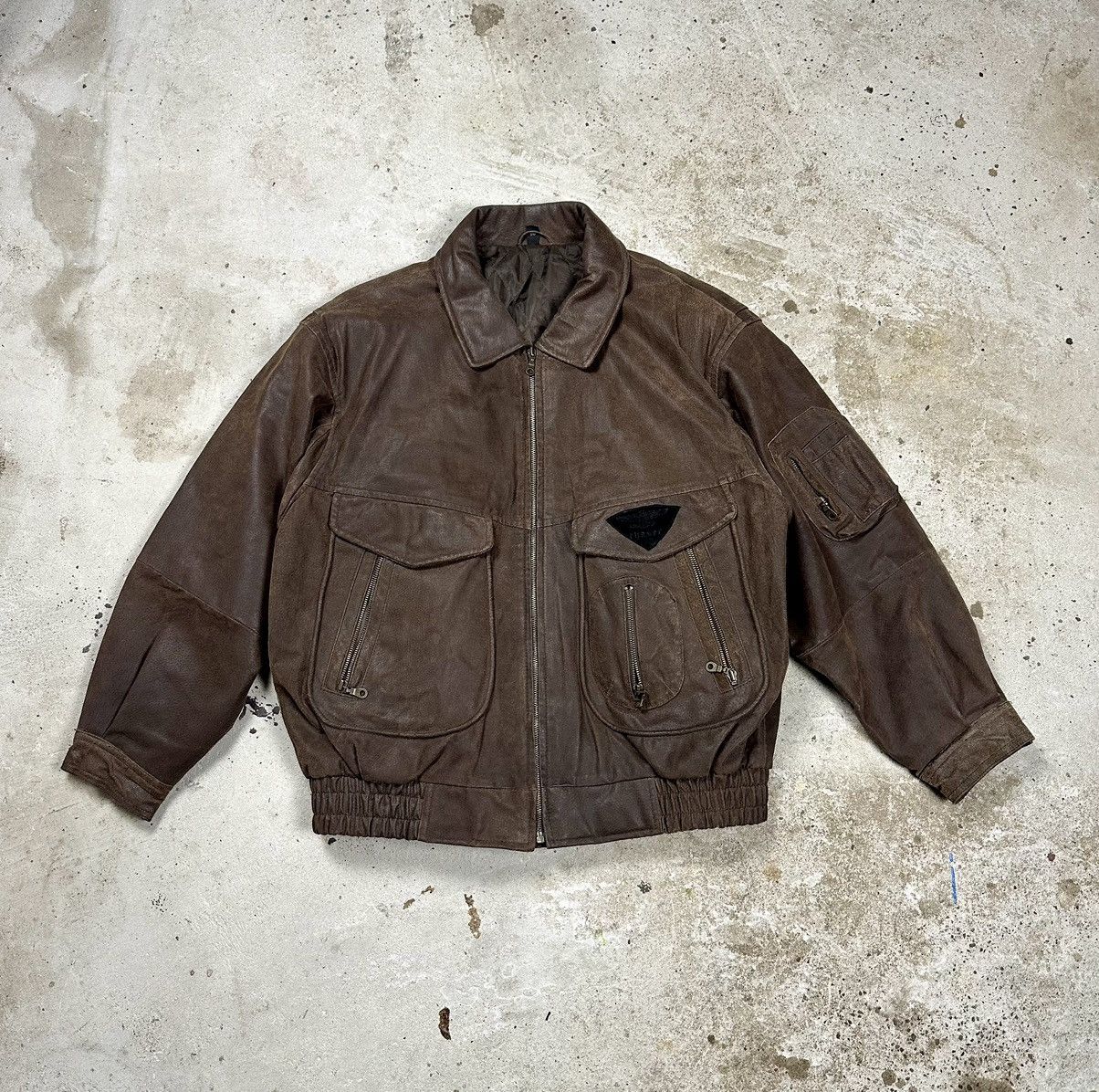 image of Bomber Jacket x Leather Jacket Vintage 90's Brown Bomber Military Jacket Multipocket, Men's (Size X