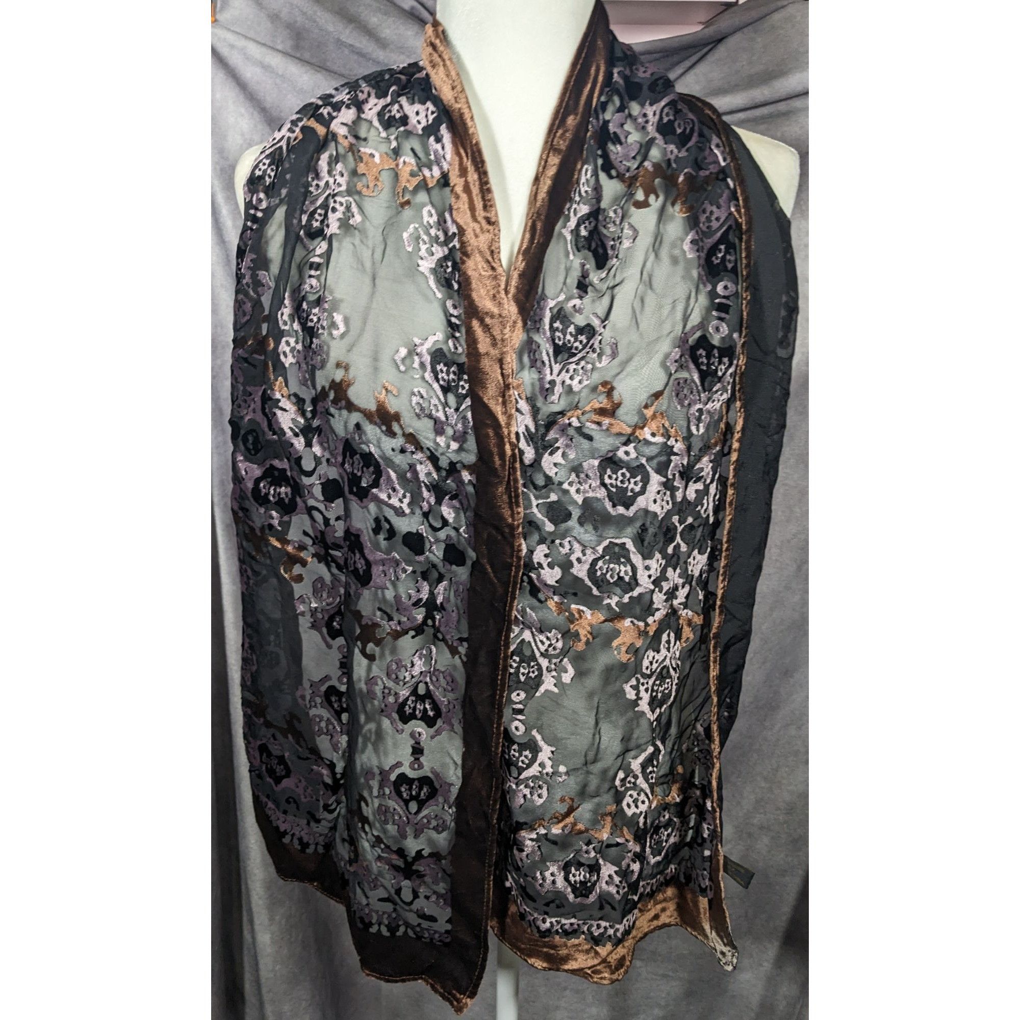 Other Brown And Lilac Gothic Damask Velvet Burnout Scarf Size ONE SIZE - 7 Thumbnail