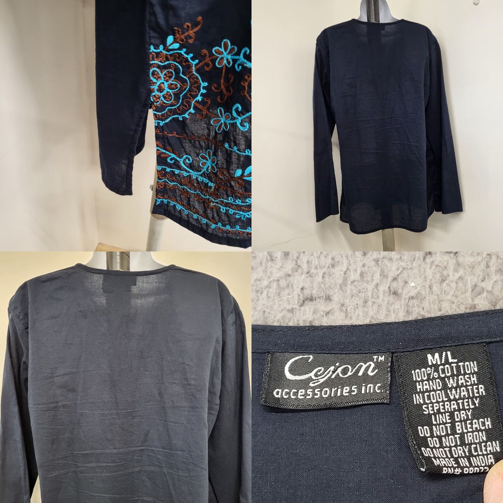 Vintage Cejon Blouse Women's M/L Black Teal Embroidered Long Sleeve Tunic Boho Shirt Dress? Size M / US 6-8 / IT 42-44 - 8 Thumbnail