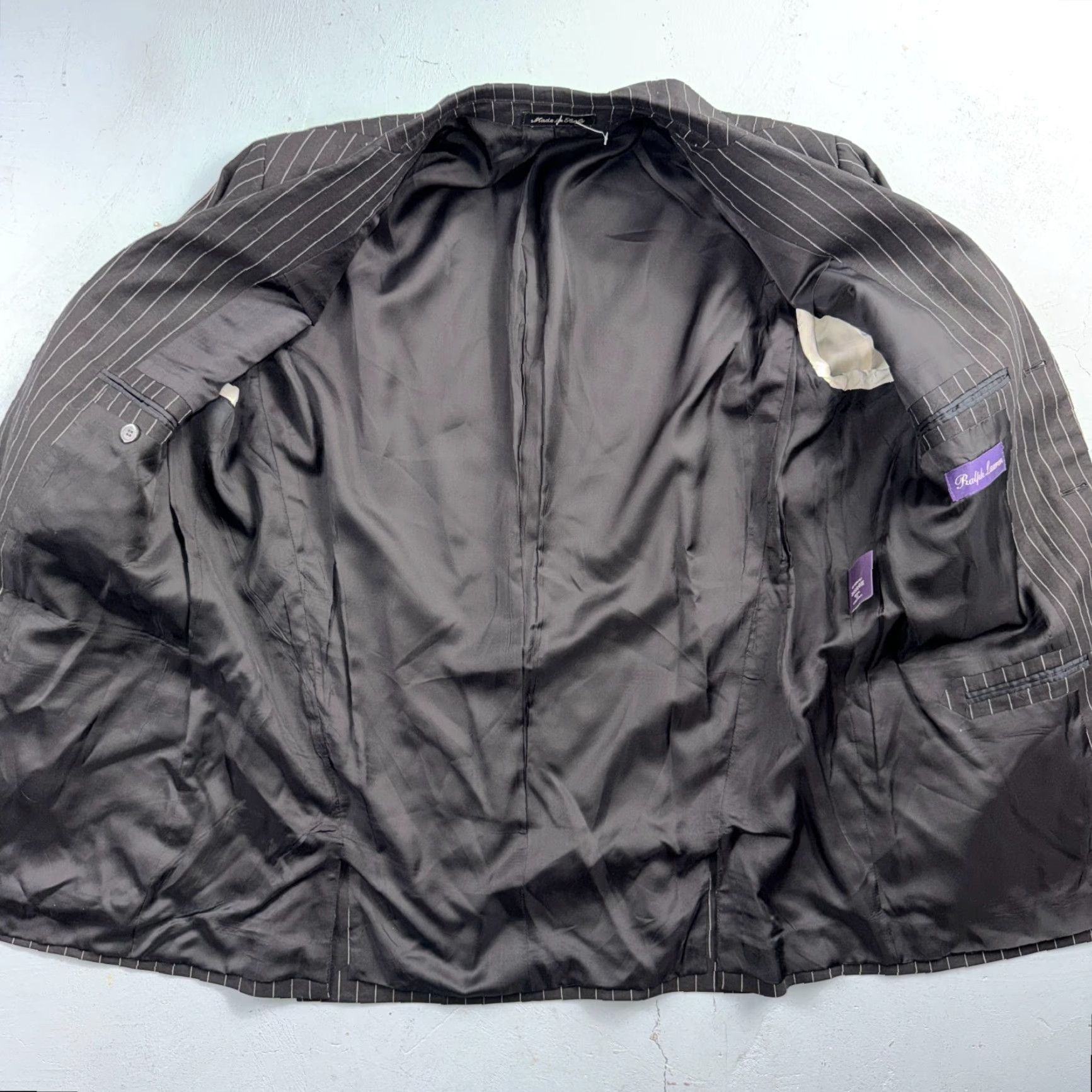 Ralph Lauren Purple Label VINTAGE Ralph Lauren Purple Label Black Linen Suit Jacket Mens 44R Pinstripe Blazer 2-Button Notch Peak Vintage Mens Jacket Size 44R - 2 Thumbnail