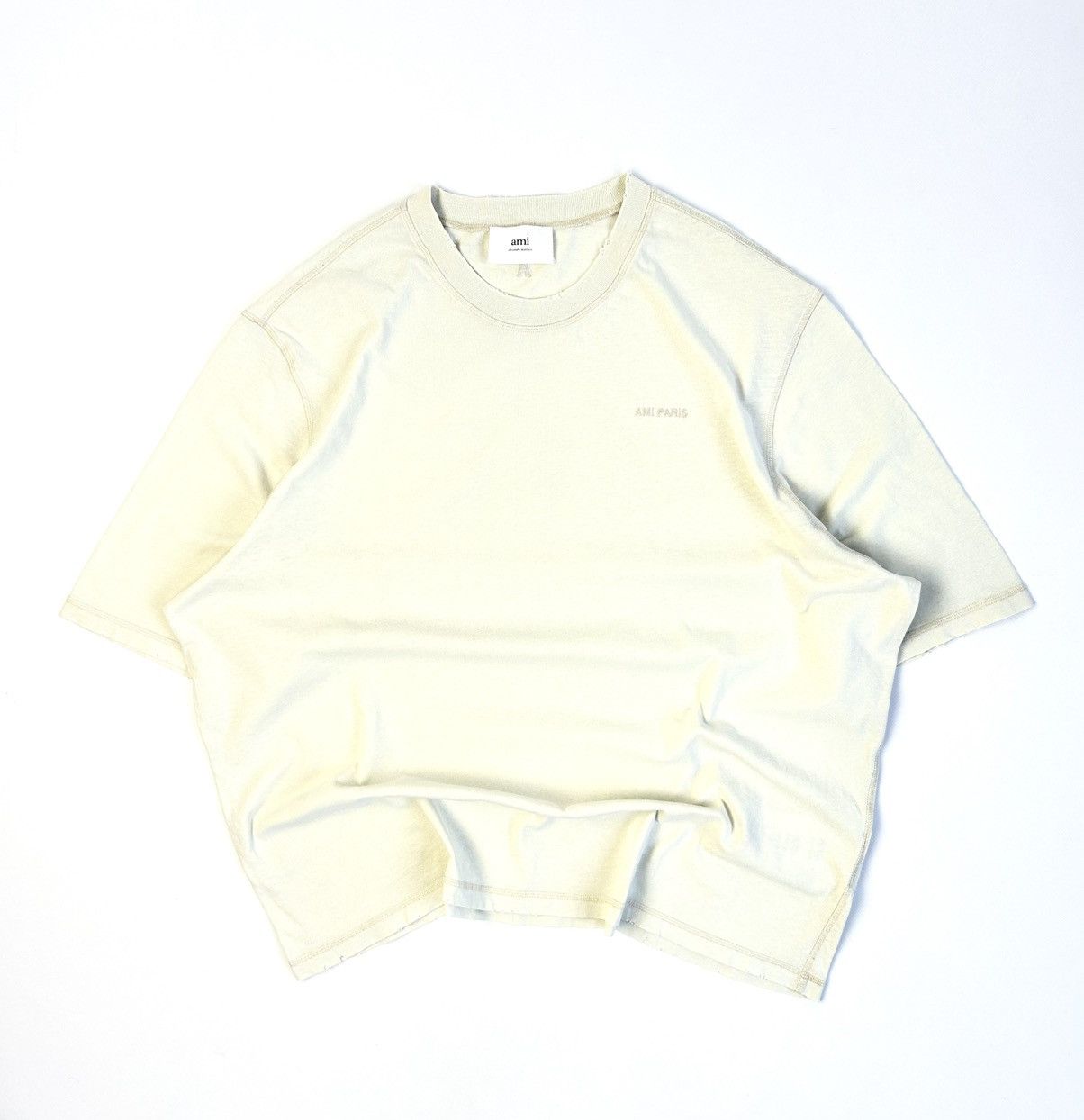 AMI Paris Distressed Heart Logo Beige Basic Tee Vintage