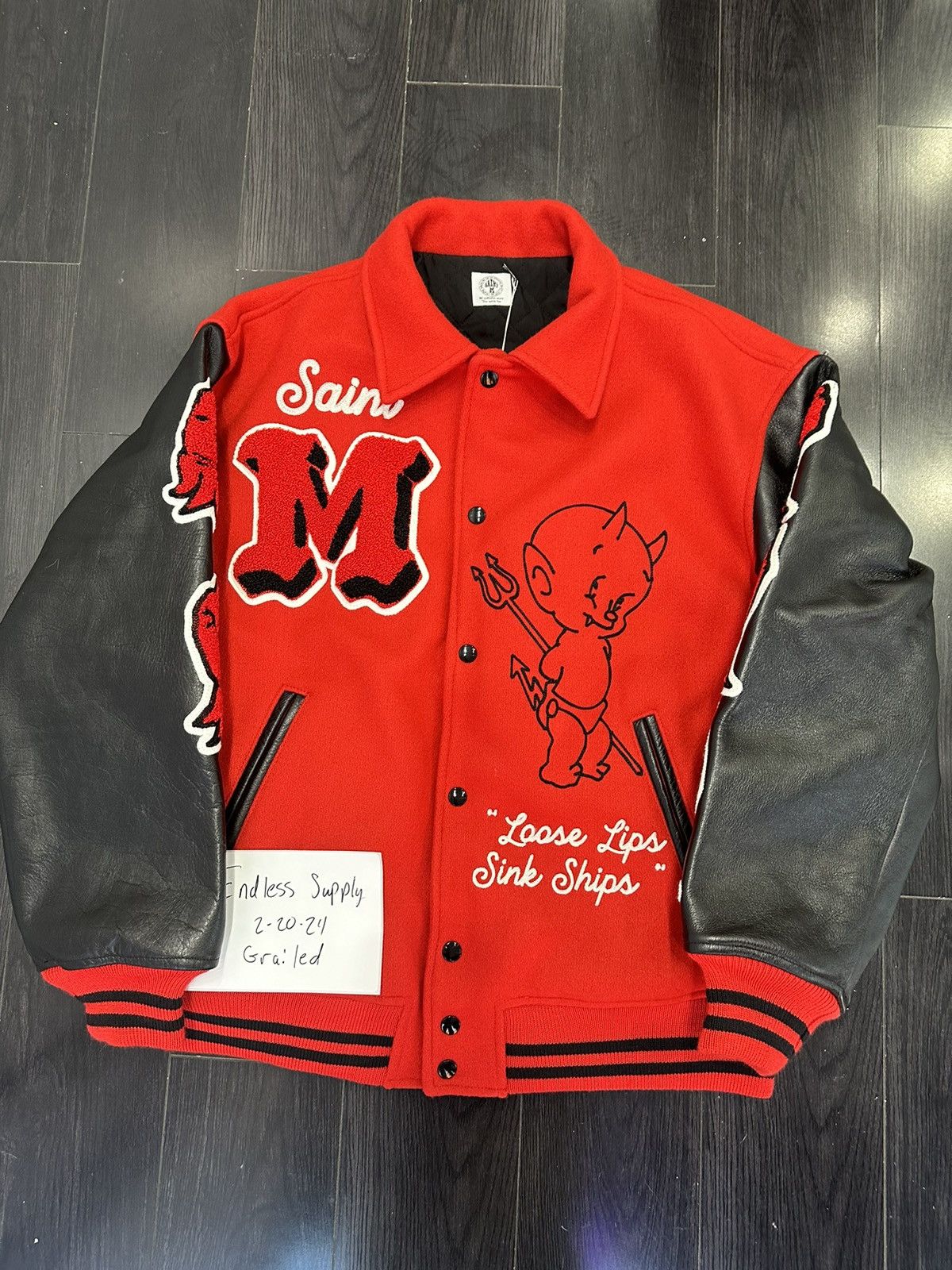 image of Saint Michael Devil Varsity Jacket in Red, Men's (Size Large)