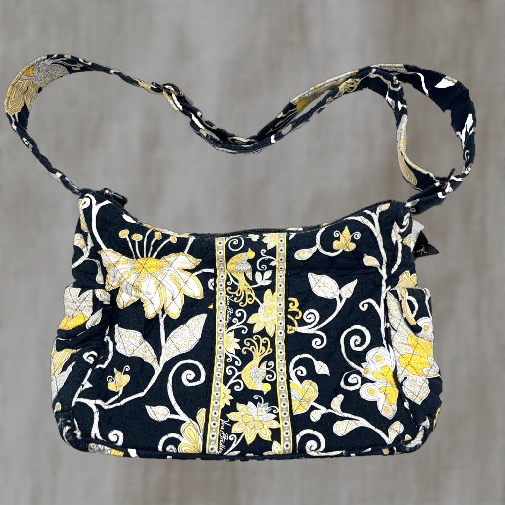 Vintage Vera Bradley Yellow Bird Print Crossbody Bag Medium Black Floral Womens