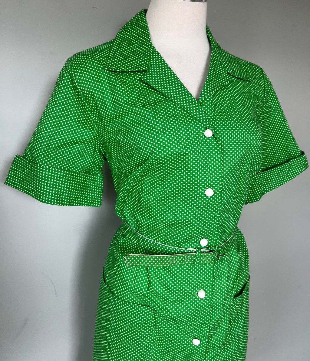 Vintage BNWT 1960s Vintage Green Polka Dot Rockabilly Shirt Dress 14 Size L / US 10 / IT 46 - 4 Thumbnail