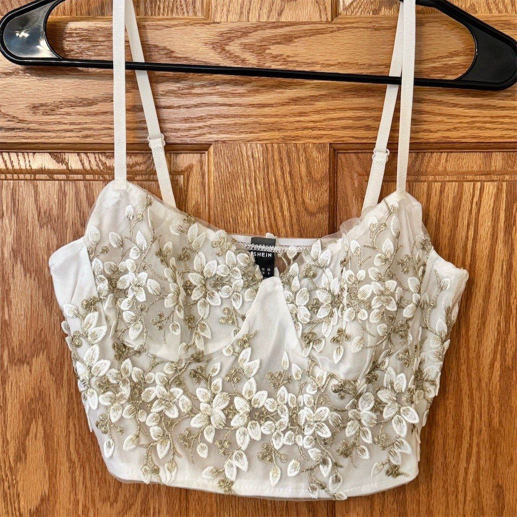 Shein SHEIN Corset Crop Cami Top Womens Size M White Mesh Gold Fl Size M / US 6-8 / IT 42-44 - 1 Thumbnail