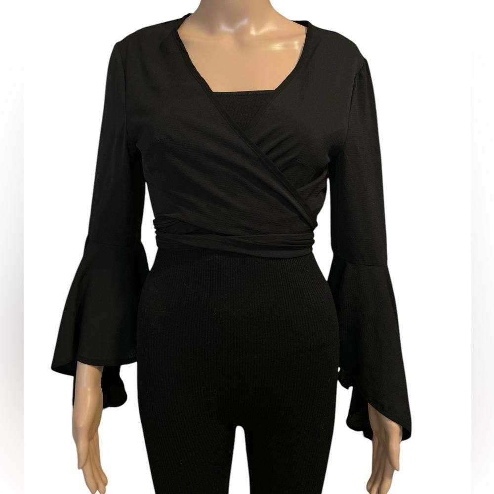 Designer Sexy Black Wrap around Bell Sleeve Blouse Size S / US 4 / IT 40 - 1 Thumbnail