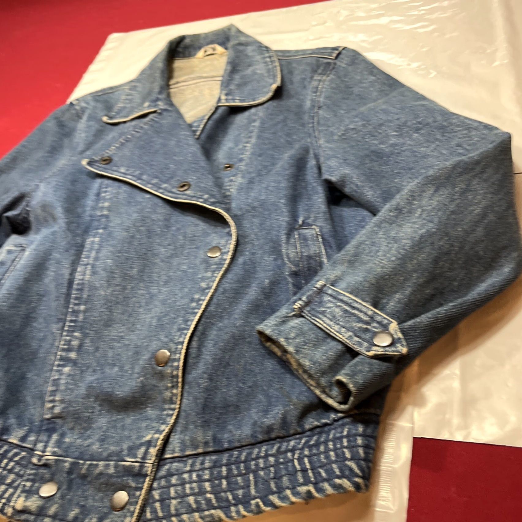 Vintage VINTAGE MOTO BIKER JEAN Jacket Women L Snap Up Fold Over notched Collar Pockets Size 36" / US 14 / IT 50 - 4 Thumbnail