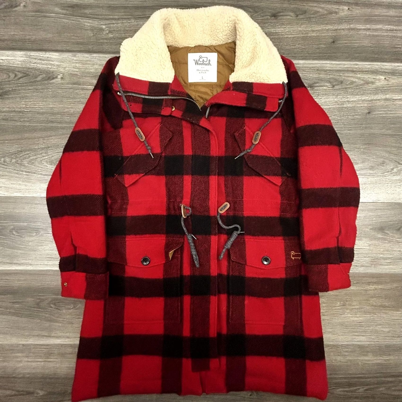 Vintage Woolrich Abercrombie & Fitch Coat Womens Large Red Buffalo Plaid Wool Parka Size L / US 10 / IT 46 - 2 Thumbnail