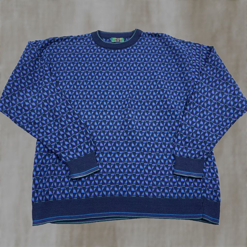 Alexander Julian VINTAGE Grandpa Sweater Large Blue Geometric Crewneck Cotton 90s USA Made Men Size US L / EU 52-54 / 3 - 1 Thumbnail