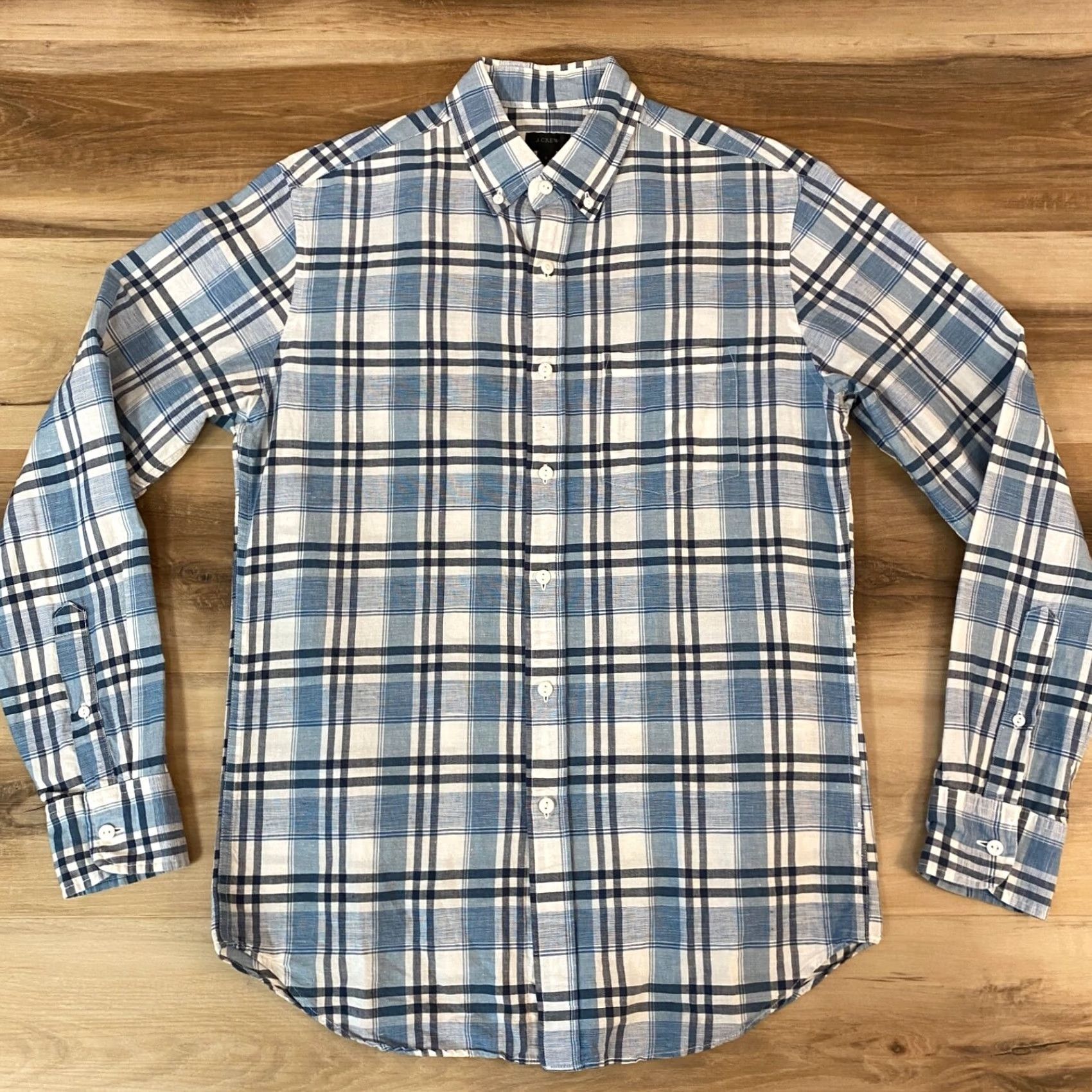 J.Crew J.CREW Shirt Mens Small Blue Plaid Button-Down Linen Cotton Long Sleeve Pocket Size US S / EU 44-46 / 1 - 2 Thumbnail