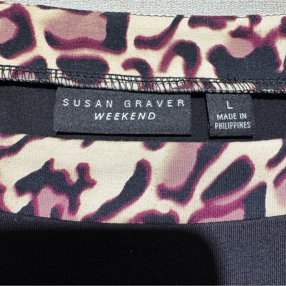 Other Susan Graver Weekend Black Animal Print Trim 3/4 Sleeve Top Size L / US 10 / IT 46 - 7 Thumbnail