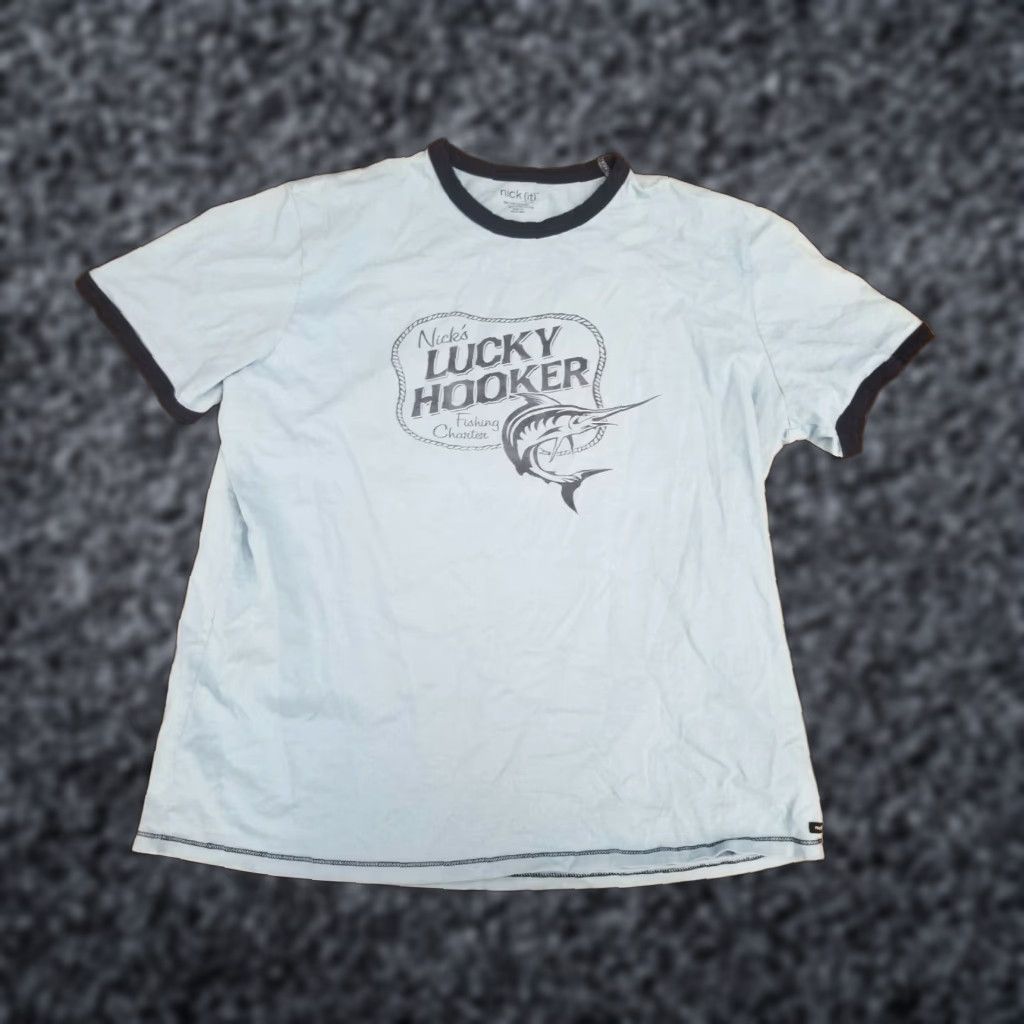 Vintage VINTAGE Nick (It) Fishing T-Shirt Mens XL Blue Graphic Ringer Preshrunk Fish Theme Size US XL / EU 56 / 4 - 1 Thumbnail