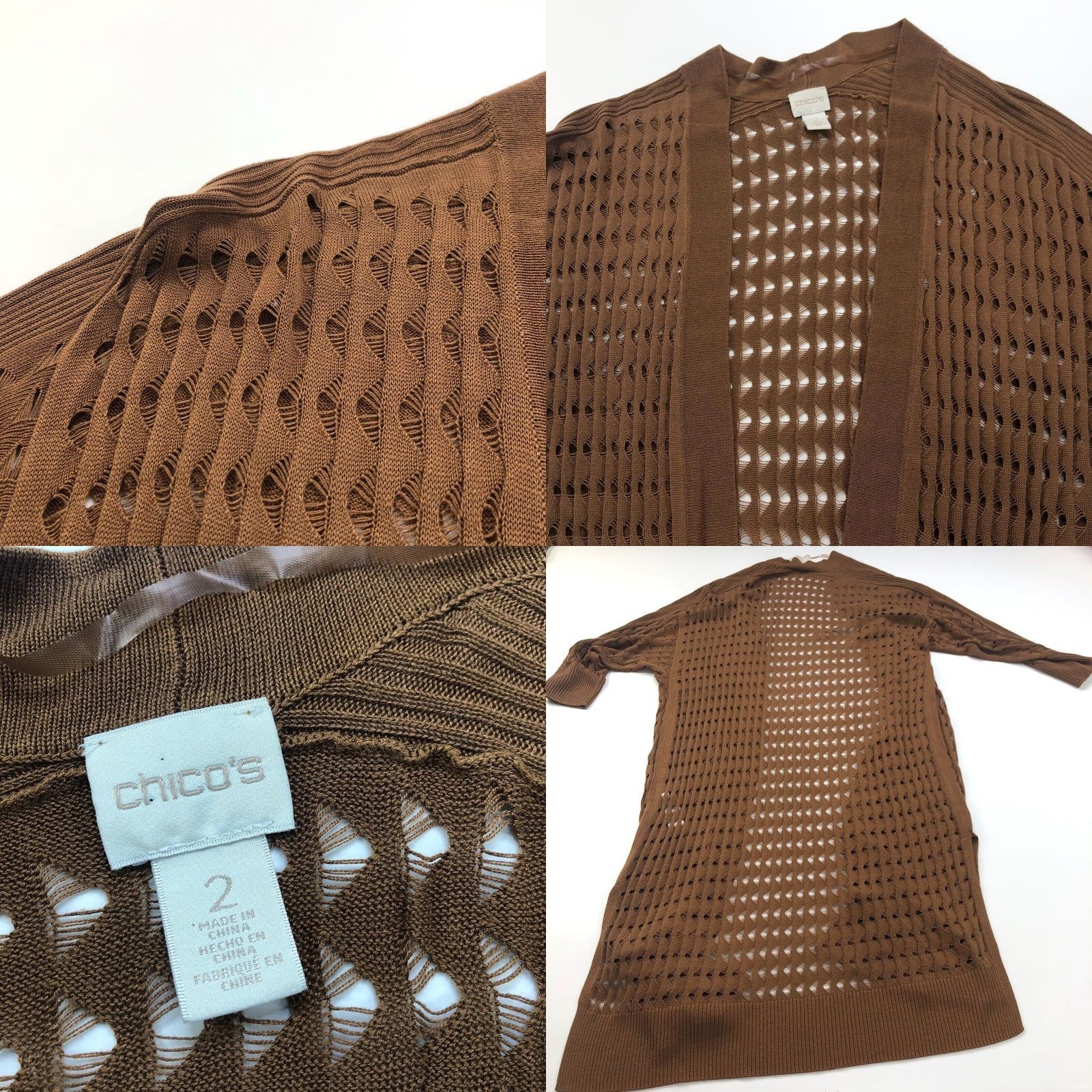 Vintage Chico's 2 Brown Geometric Rayon 3/4 Sleeve Cardigan Open Front Duster Sweater Size XS / US 0-2 / IT 36-38 - 8 Thumbnail