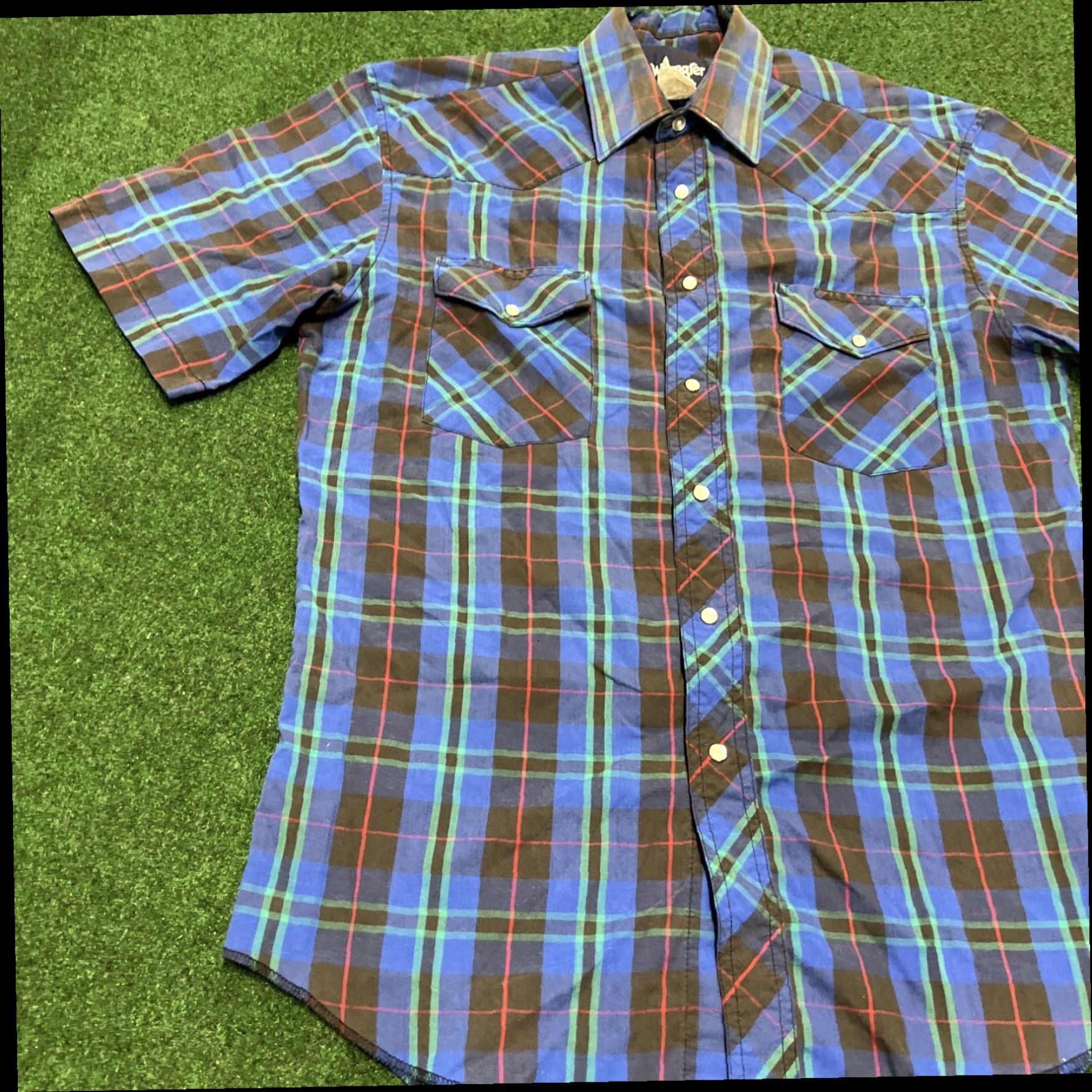 Wrangler Vintage WRANGLER Mens Large Blue Short Sleeve Western Pearl Snap Cowboy Shirt Size US L / EU 52-54 / 3 - 2 Thumbnail