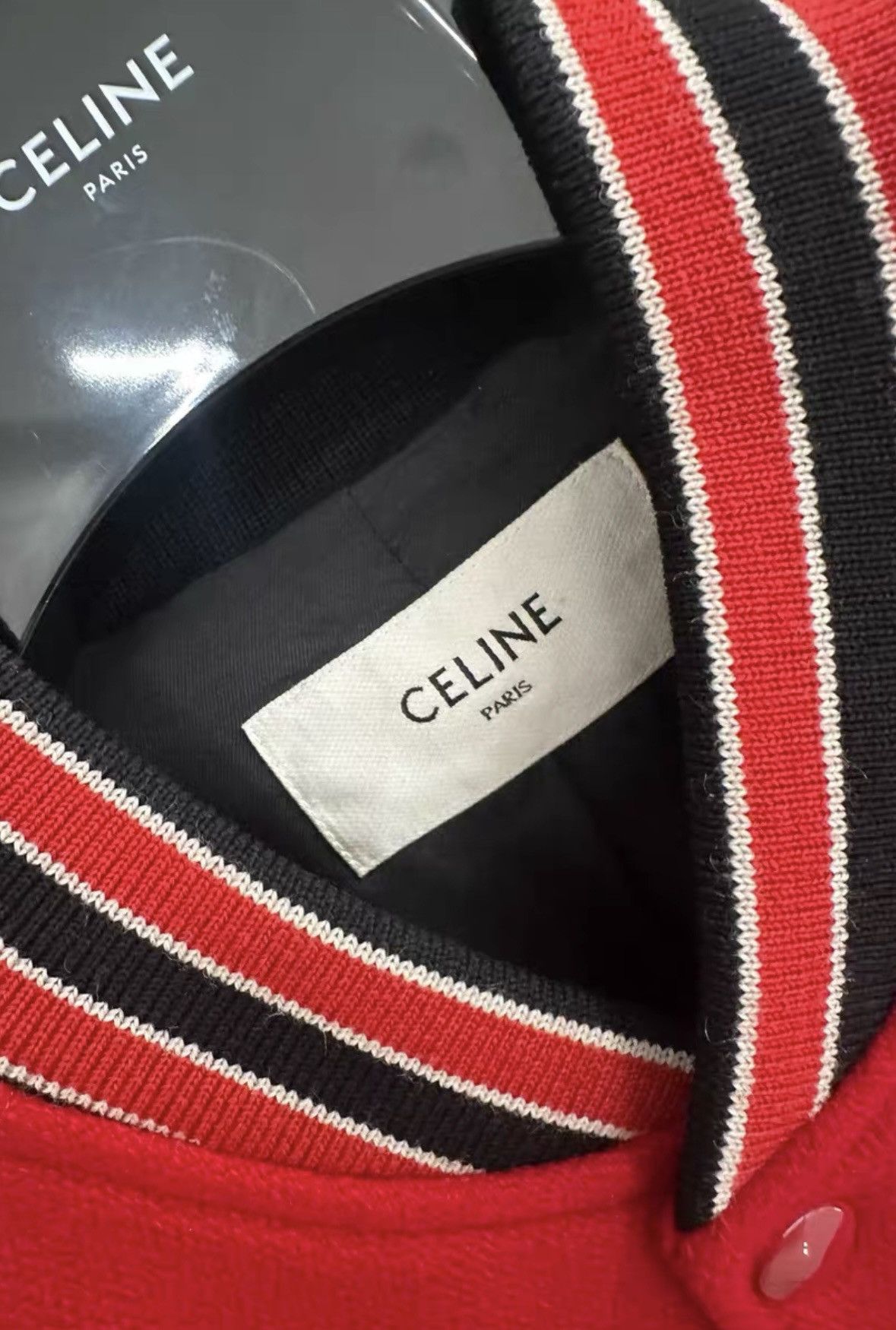 Celine Celine Red Leather Sleeves Varsity Jacket Size US L / EU 52-54 / 3 - 4 Thumbnail