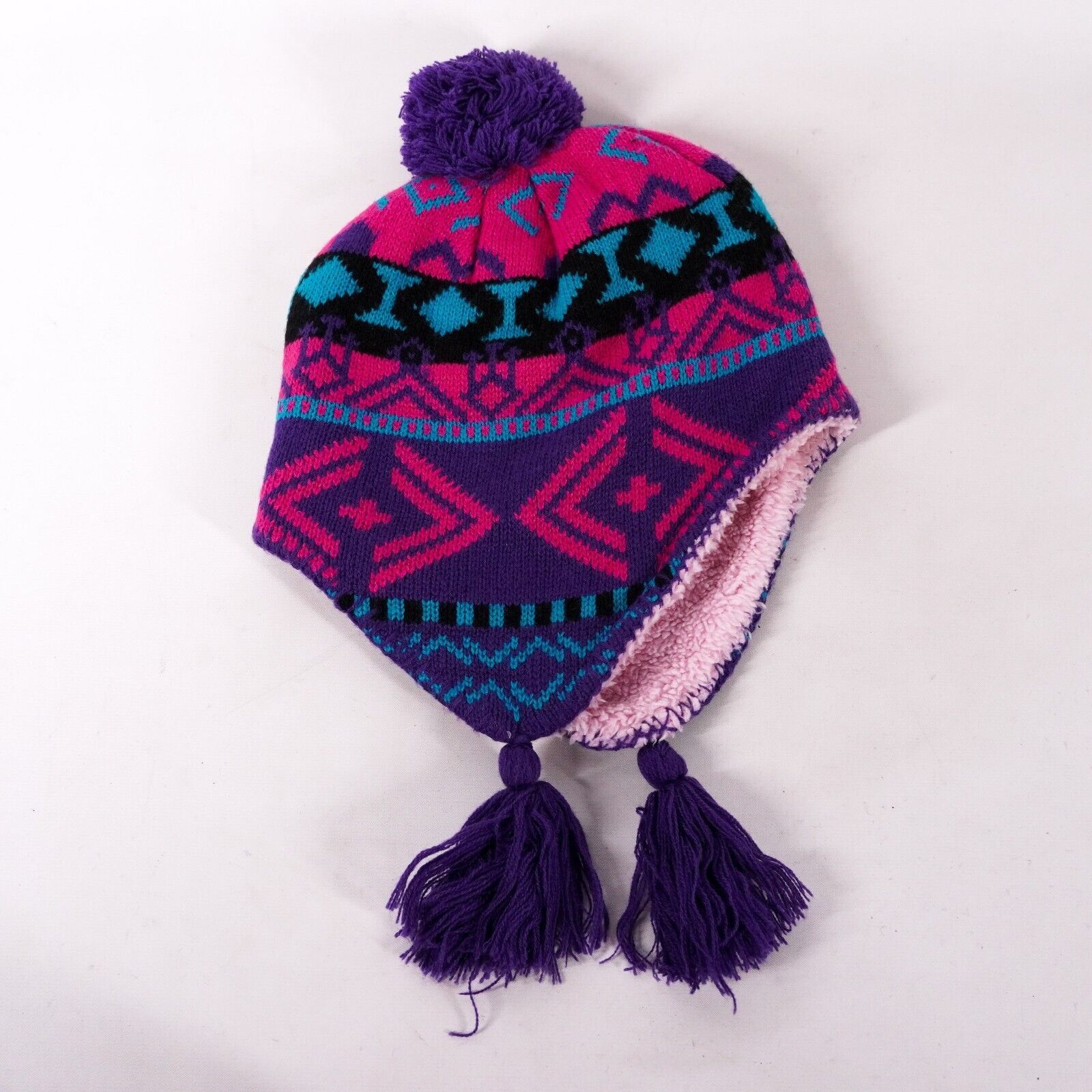 Pink Mosaic Fuzzy Knitted Beanie Cap Outdoor Winter Hat Pink Size ONE SIZE - 1 Thumbnail
