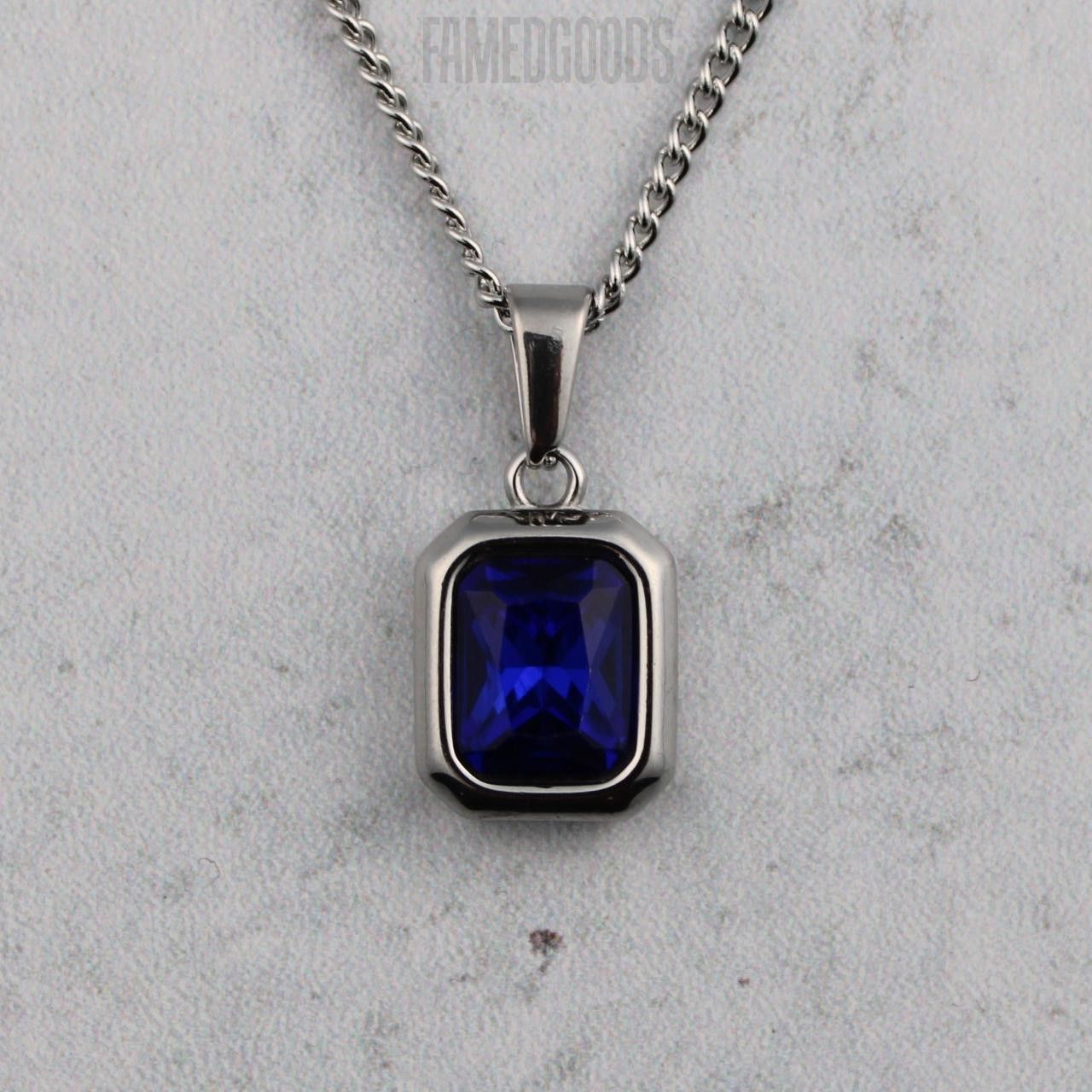 Jewelry Silver Sapphire Cubic Zirconia Pendant Chain Necklace Size ONE SIZE - 1 Thumbnail