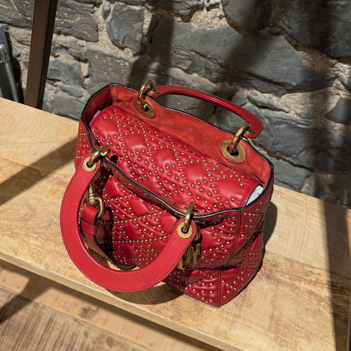 Dior Christian Dior Red Leather Gold Studded Medium Lady Dior Bag Size ONE SIZE - 14 Thumbnail