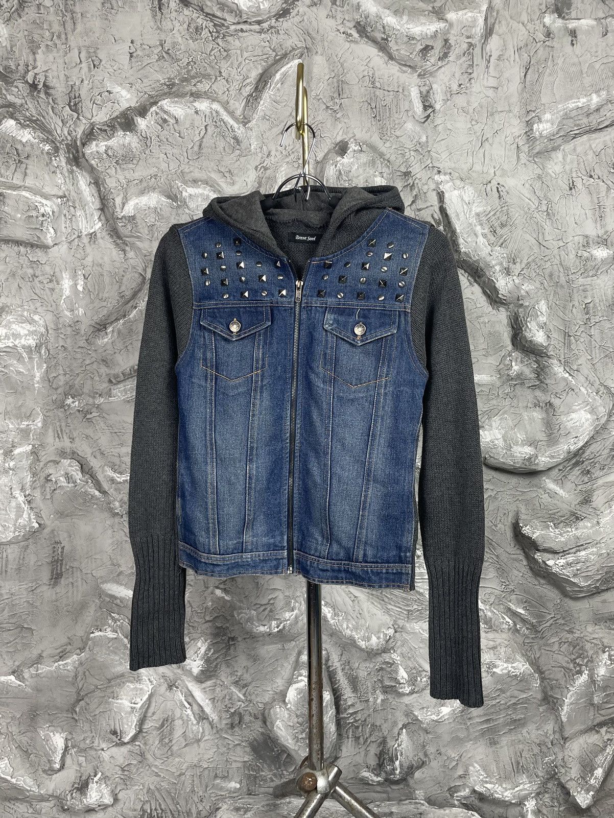 14th Addiction × Japanese Brand × Seditionaries Y2K Vintage Punk Metal Rivets Knit/Denim Zip Jacket Size US S / EU 44-46 / 1 - 2 Thumbnail