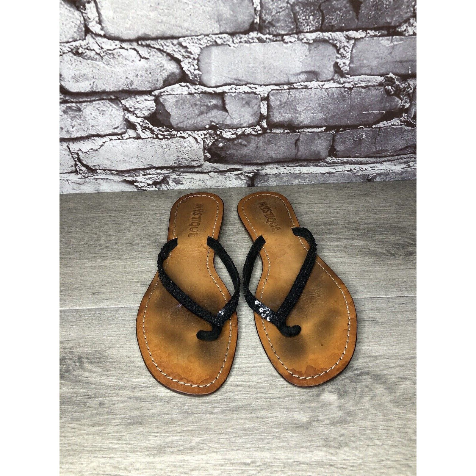 Other Mystique Black Leather Snake Skin Thong Flip Flops Sandals W Size US 9 / IT 39 - 2 Thumbnail