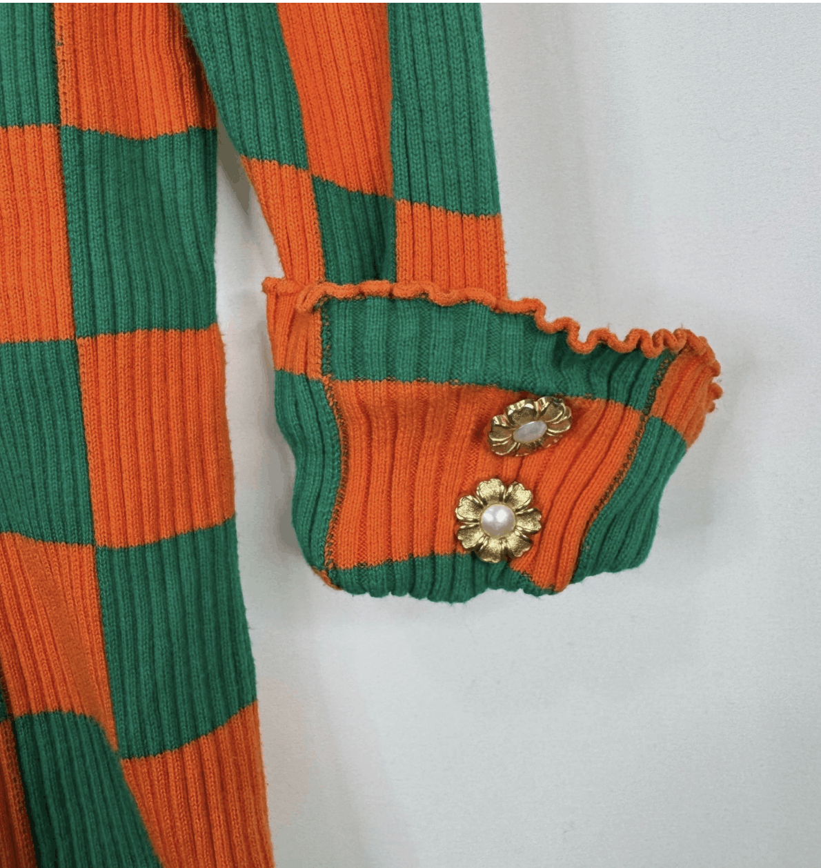 Other Motoguo Orange Green Checkered Ribbed Knit Ruffle Cardigan Size S / US 4 / IT 40 - 7 Thumbnail