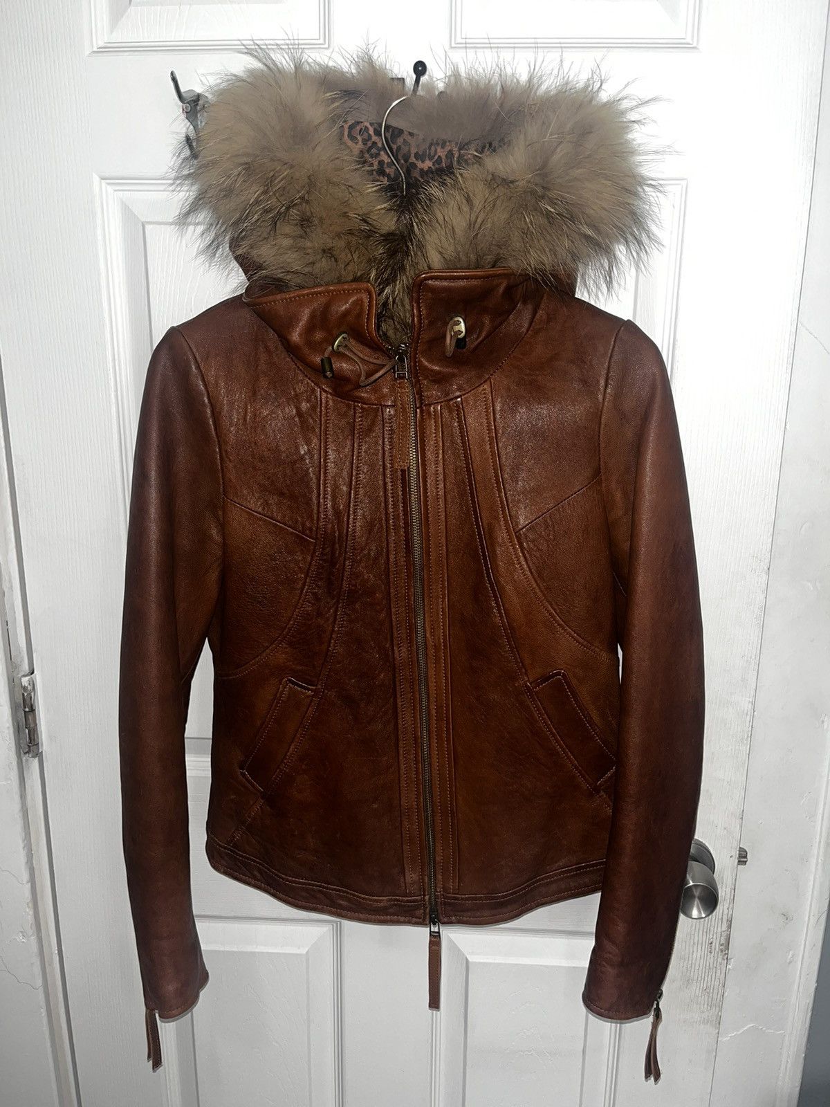 image of 14Th Addiction x If Six Was Nine Goa Japanese Vintage Raccoon Fur Hood Lamb Leather Jacket in Brown