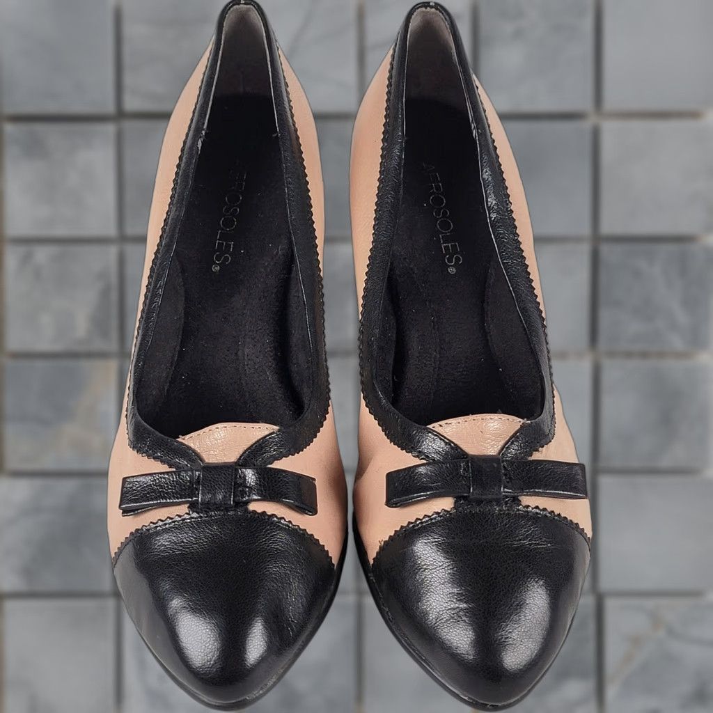 Vintage Aerosoles City Scape Kitten Heel Pumps Womens 9.5 Black Tan Bow Leather Slip On Solid Round Toe City Women Heel Pump 9.5 Womens Size US 10 / IT 40 - 1 Thumbnail