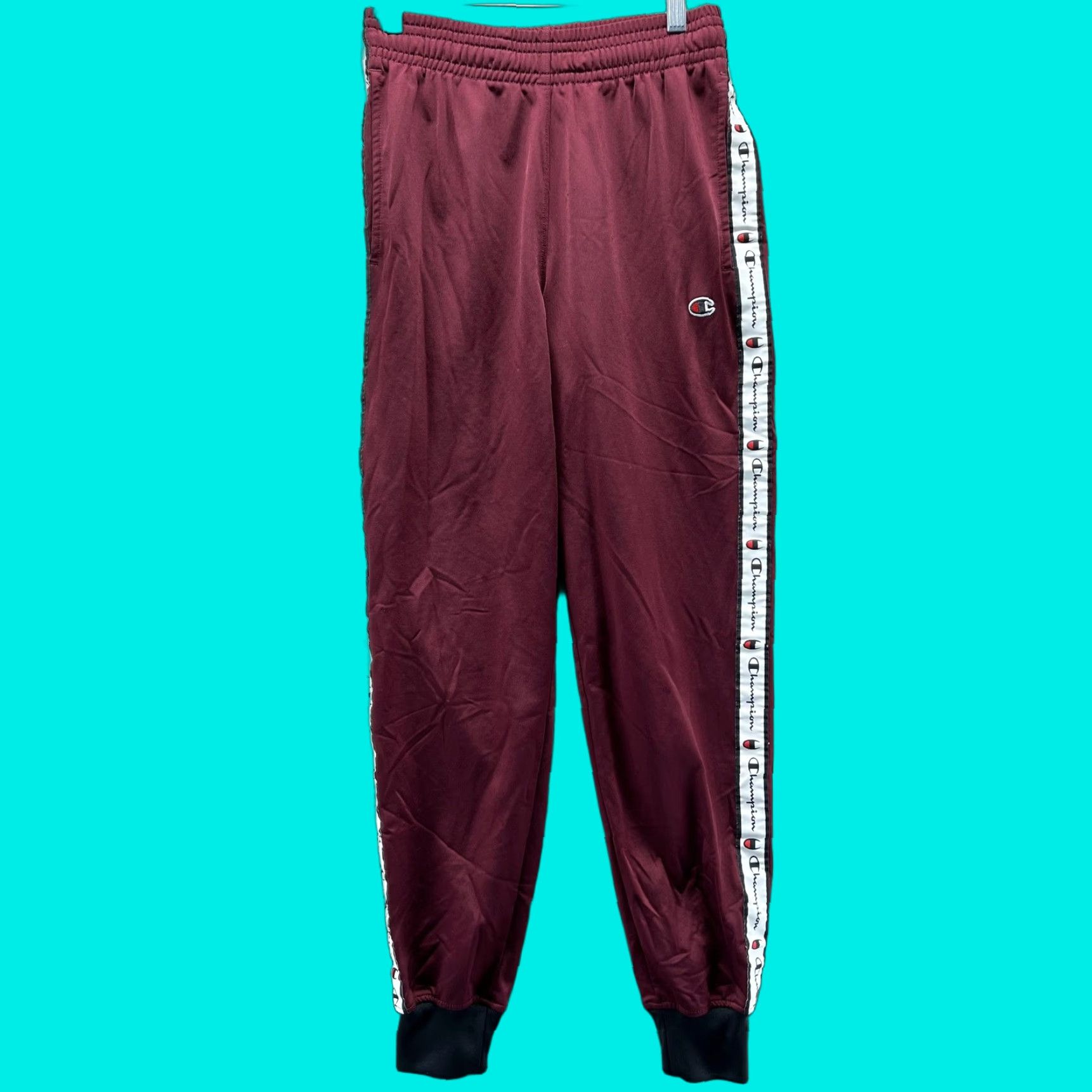 Champion Champion Track Pants Mens Small Red Knit Side Logo Tape Elastic Waist Cuffed Size US 29 - 1 Thumbnail