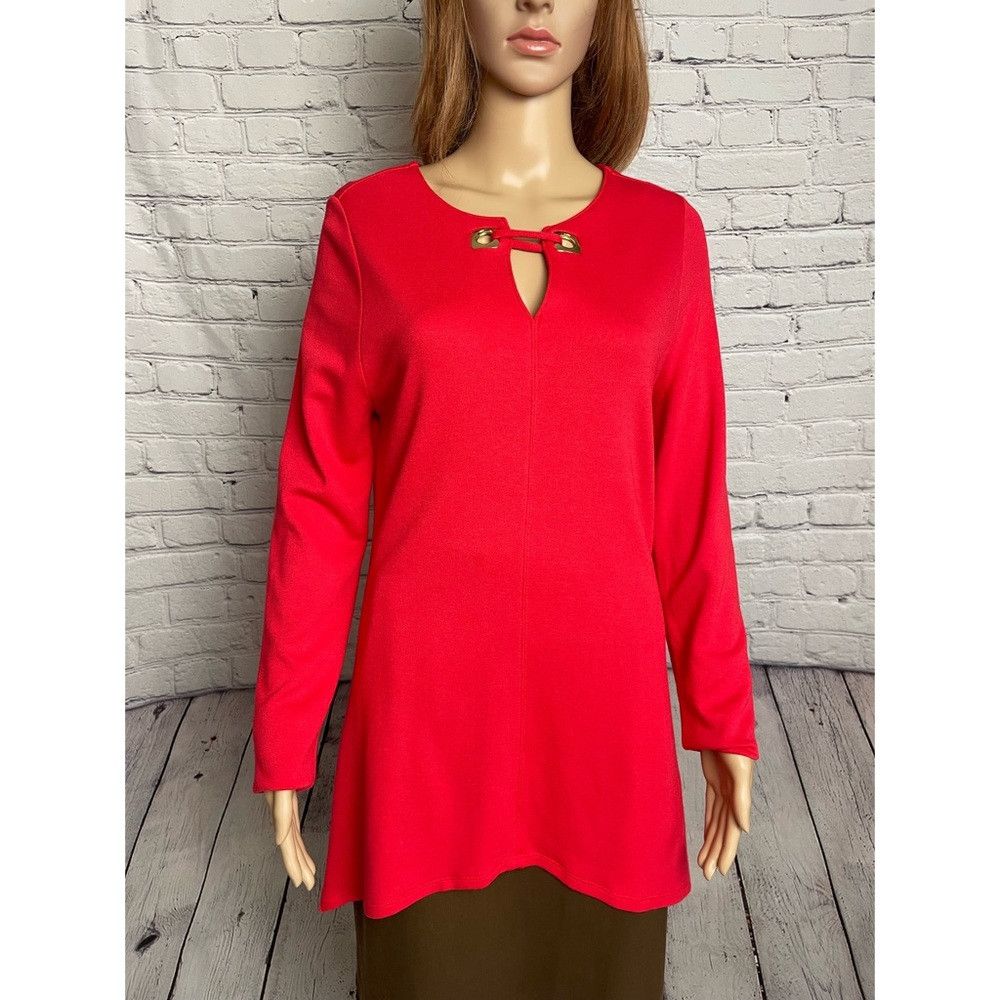Chicos Chico's Red V-Neck Gold Accent Rayon Tunic Size 1 US M Size M / US 6-8 / IT 42-44 - 4 Thumbnail