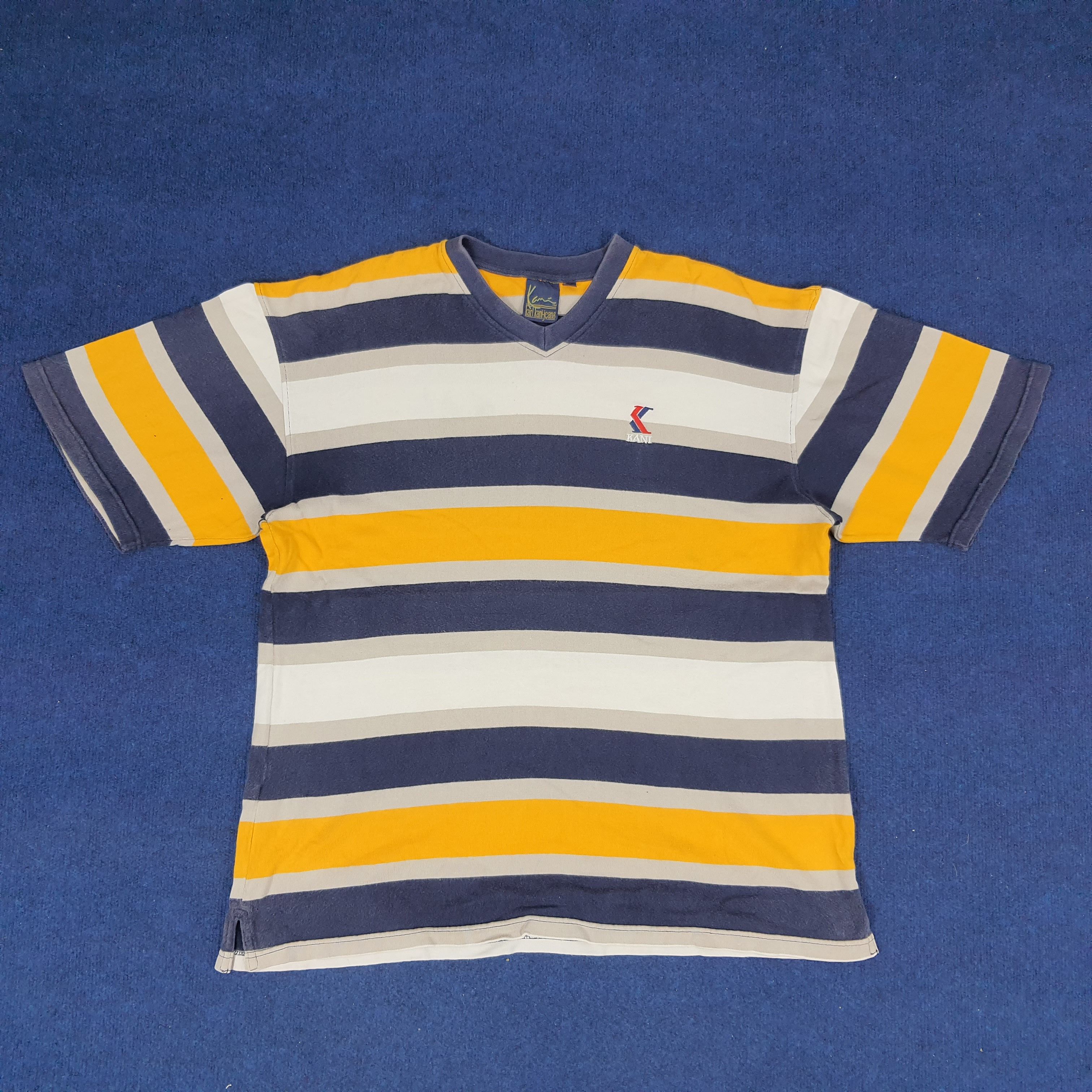 Designer × Karl Kani × Vintage Vintage Karl Kani Jeans Striped V Neck T-shirt Size US XL / EU 56 / 4 - 1 Thumbnail