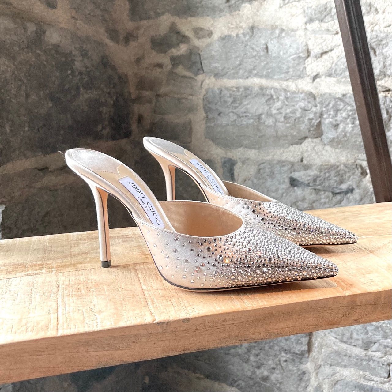 Jimmy Choo Jimmy Choo Crystal Embellished Satin Rav 100 Heeled Mules Size US 7.5 / IT 37.5 - 1 Thumbnail
