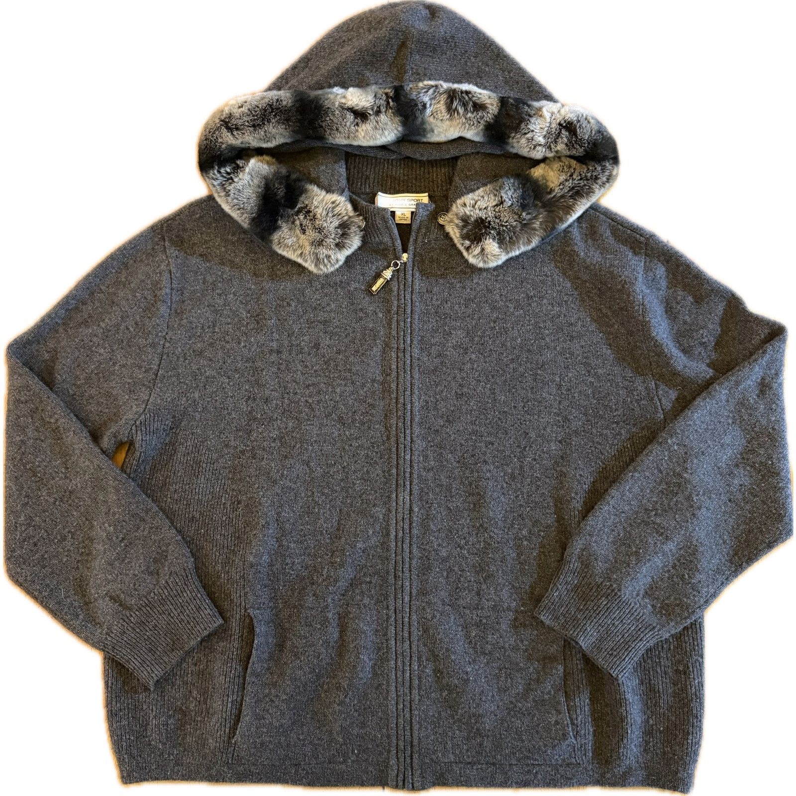 St. John St. John Sport Womens 100% Cashmere Sweater Gray Zip Fur XL Size XL / US 12-14 / IT 48-50 - 1 Thumbnail