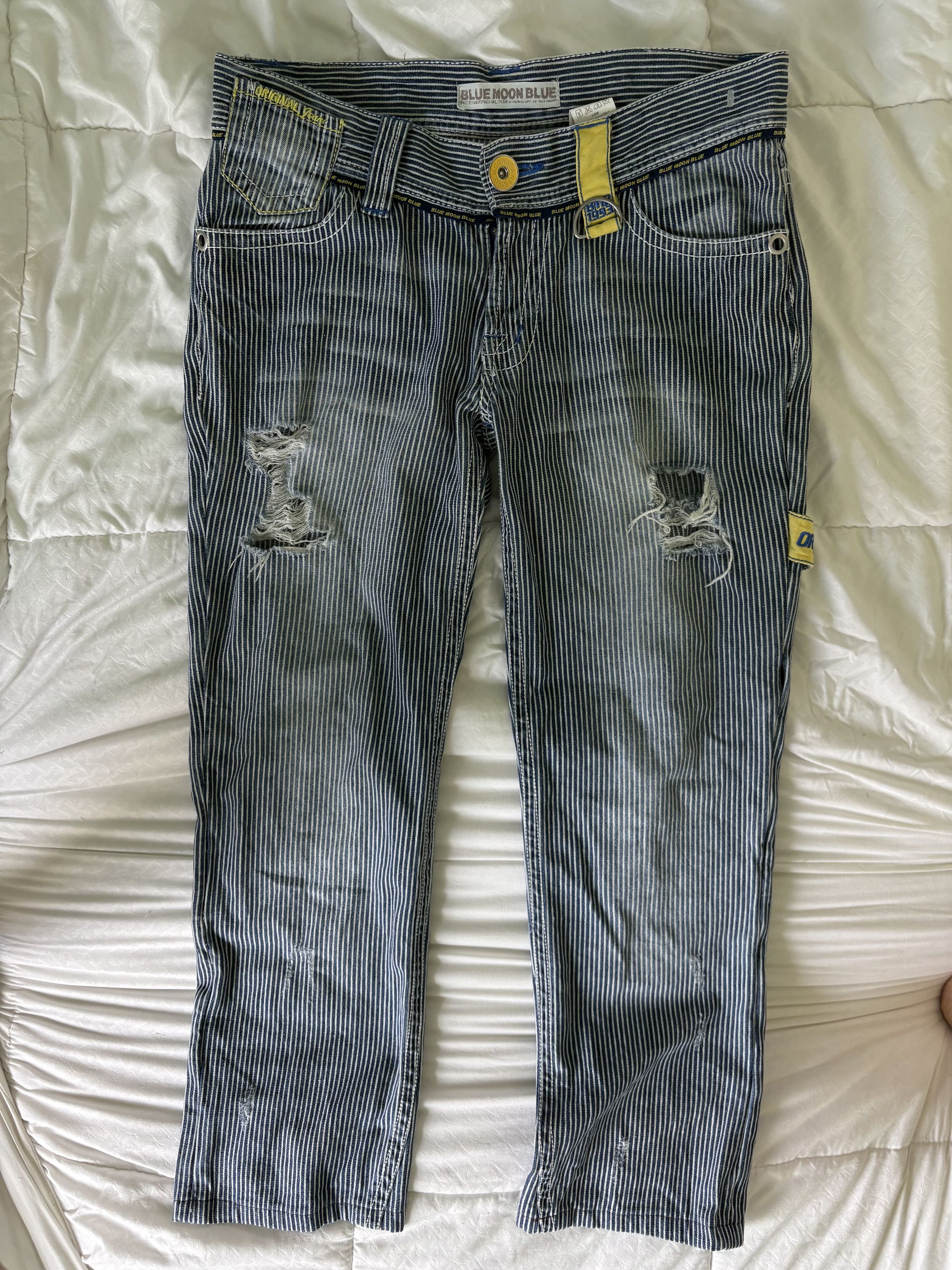Japanese Brand Blue Moon surf jeans, Blue hickory stripe distressed denim Size US 28 / EU 44 - 5 Thumbnail