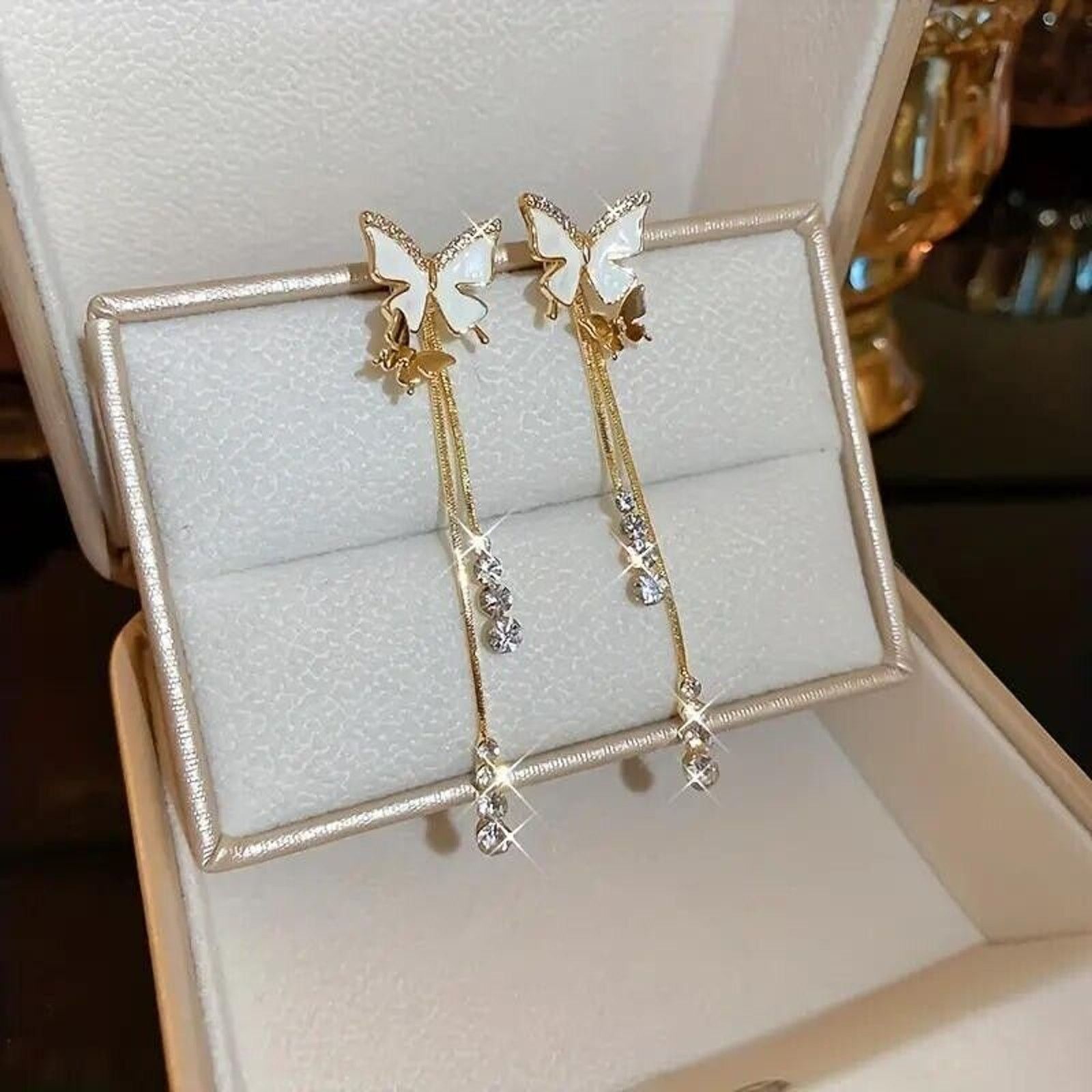 Other Elegant Butterfly Earrings • 14K Plated Sparkling Dangling Size ONE SIZE - 3 Thumbnail