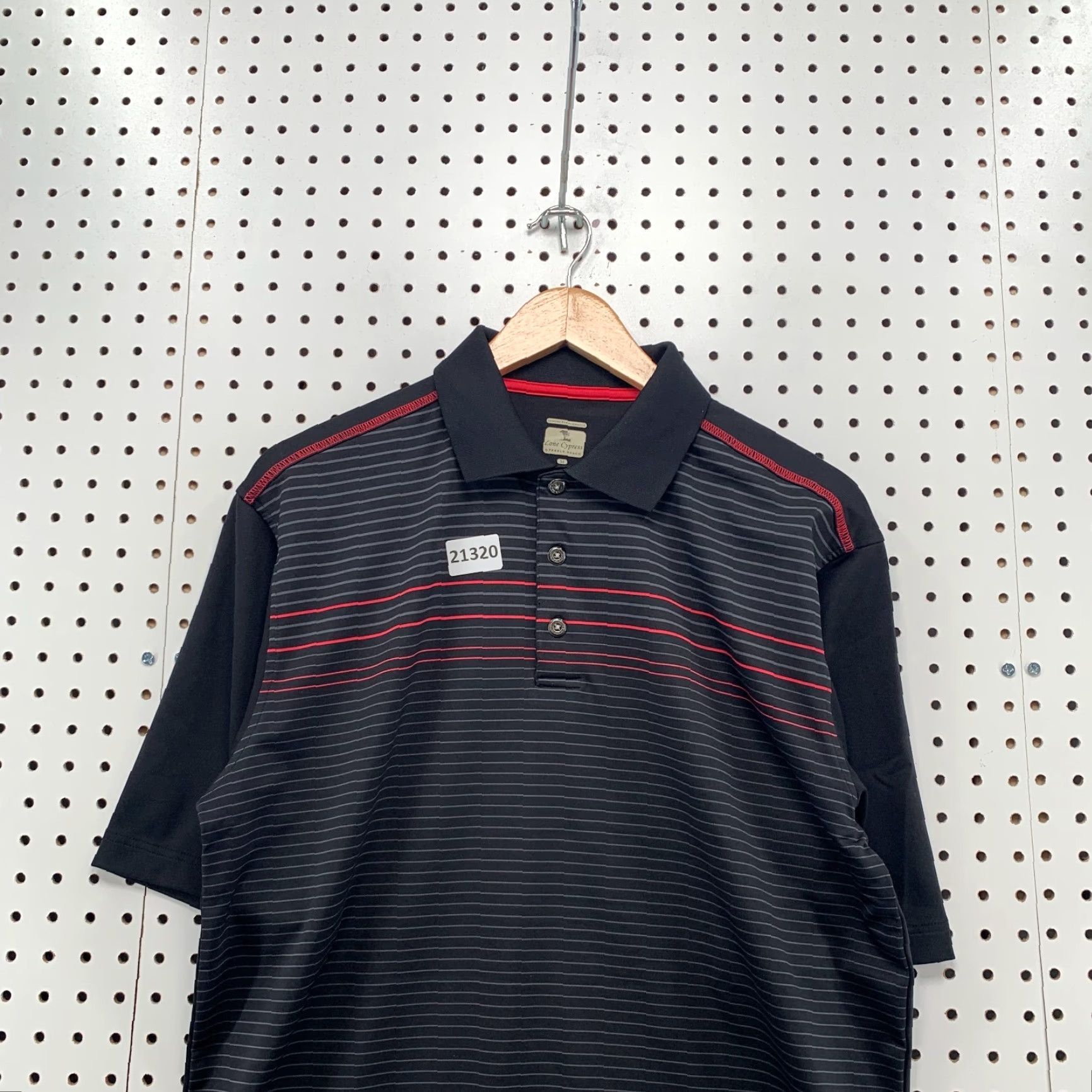 Vintage Pebble Beach Lone Cypress Performance Polo Shirt – Striped Black Red, Mens Medium, Polo, Short Sleeve, Knit Blended Fabric, 90s-Event Style? Size US M / EU 48-50 / 2 - 5 Thumbnail