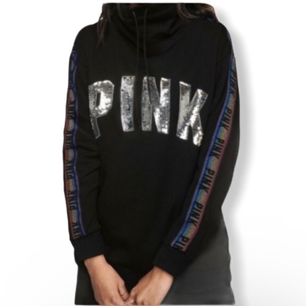 Victoria's Secret Victoria’s Secret PINK Black Sequin Logo Campus Cowl Neck Ho Size L / US 10 / IT 46 - 1 Thumbnail