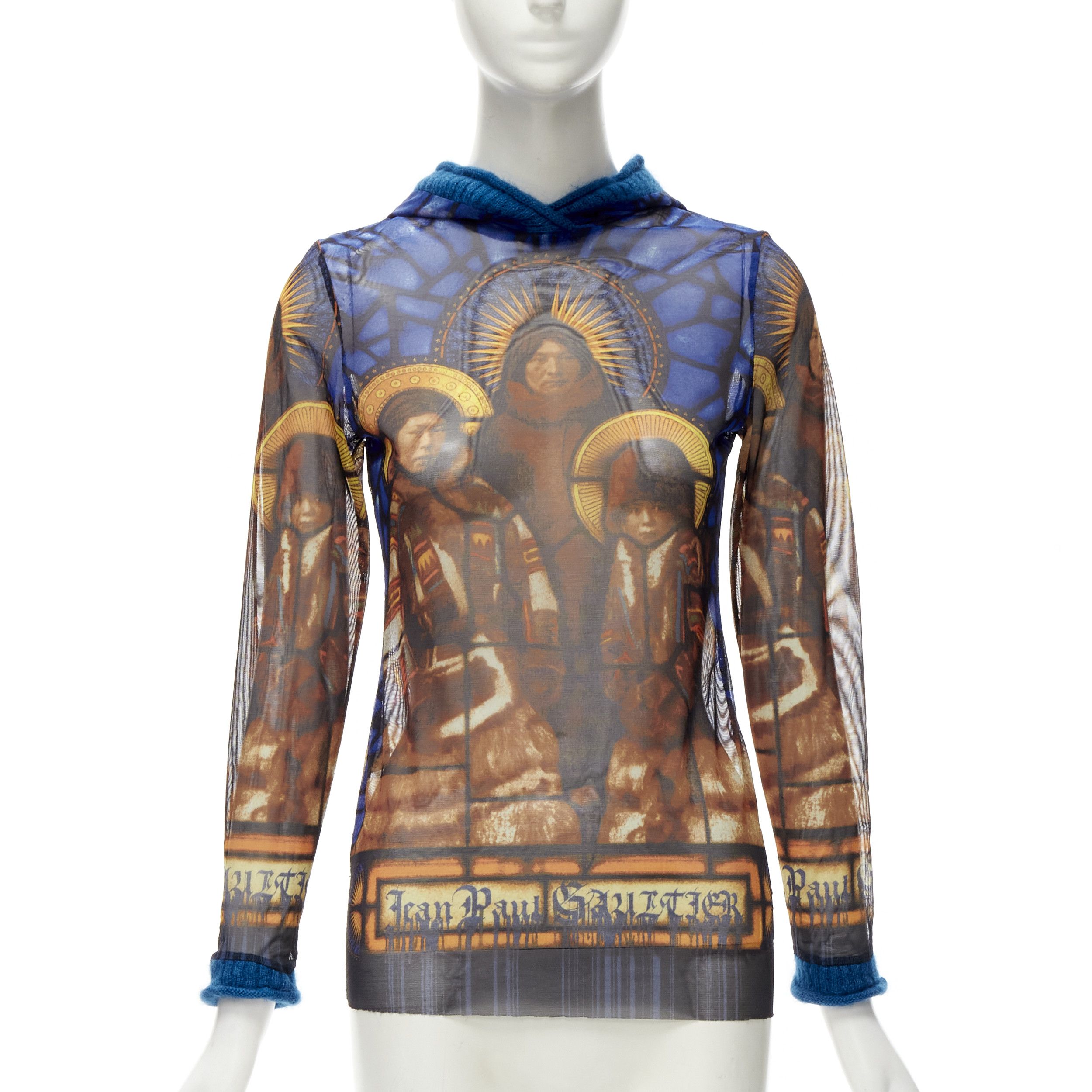 Jean Paul Gaultier JEAN PAUL GAULTIER blue cathedral print gothic logo wool hooded top IT40 S Size S / US 4 / IT 40 - 1 Thumbnail